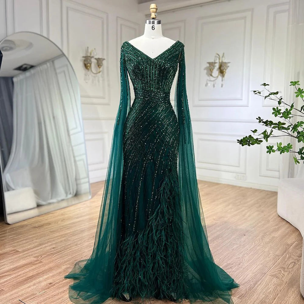 Serene Hill Black Mermaid Evening Gown with Cape Sleeves, High Slit & Beaded Feather Details - Elegant Women's Formal Dress for Prom, Gala & Special Occasions