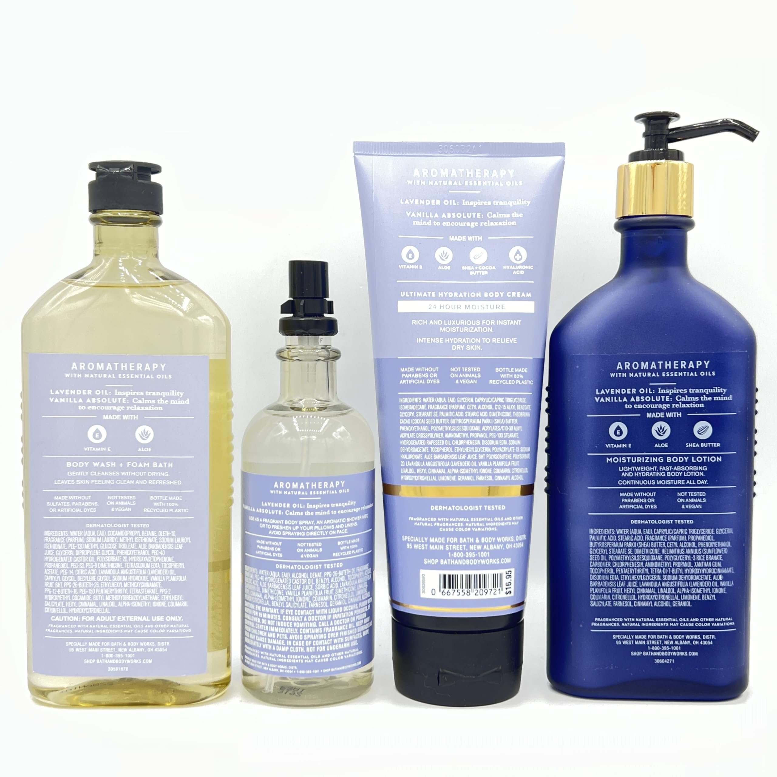 Lavender and Vanilla Scented Bath & Body Gift Set - 4 Piece Aroma Therapy Bundle with Body Wash, Essential Oil Mist, Hydrating Body Cream & Moisturizing Lotion | Relaxing Spa Night, Self Care Routine, Romantic Gift for Her