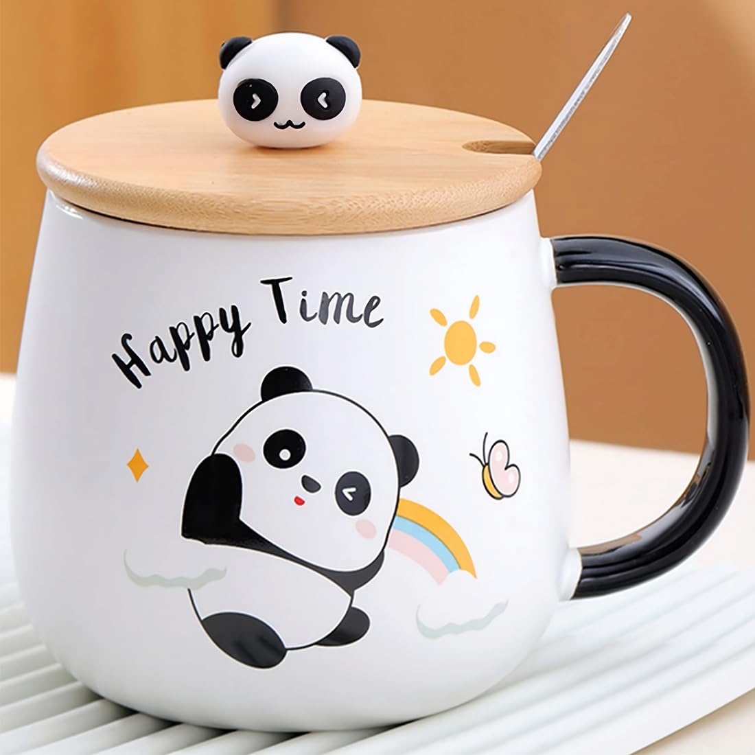 BonZeal 400ml Ceramic Panda Mug with Lid & Spoon - Cute Tea Coffee Cup for Kids, Birthday Christmas New Year Gifts for Boys Girls, Secret Santa Present - Perfect for Hot Drinks, Milk, School & Home Use