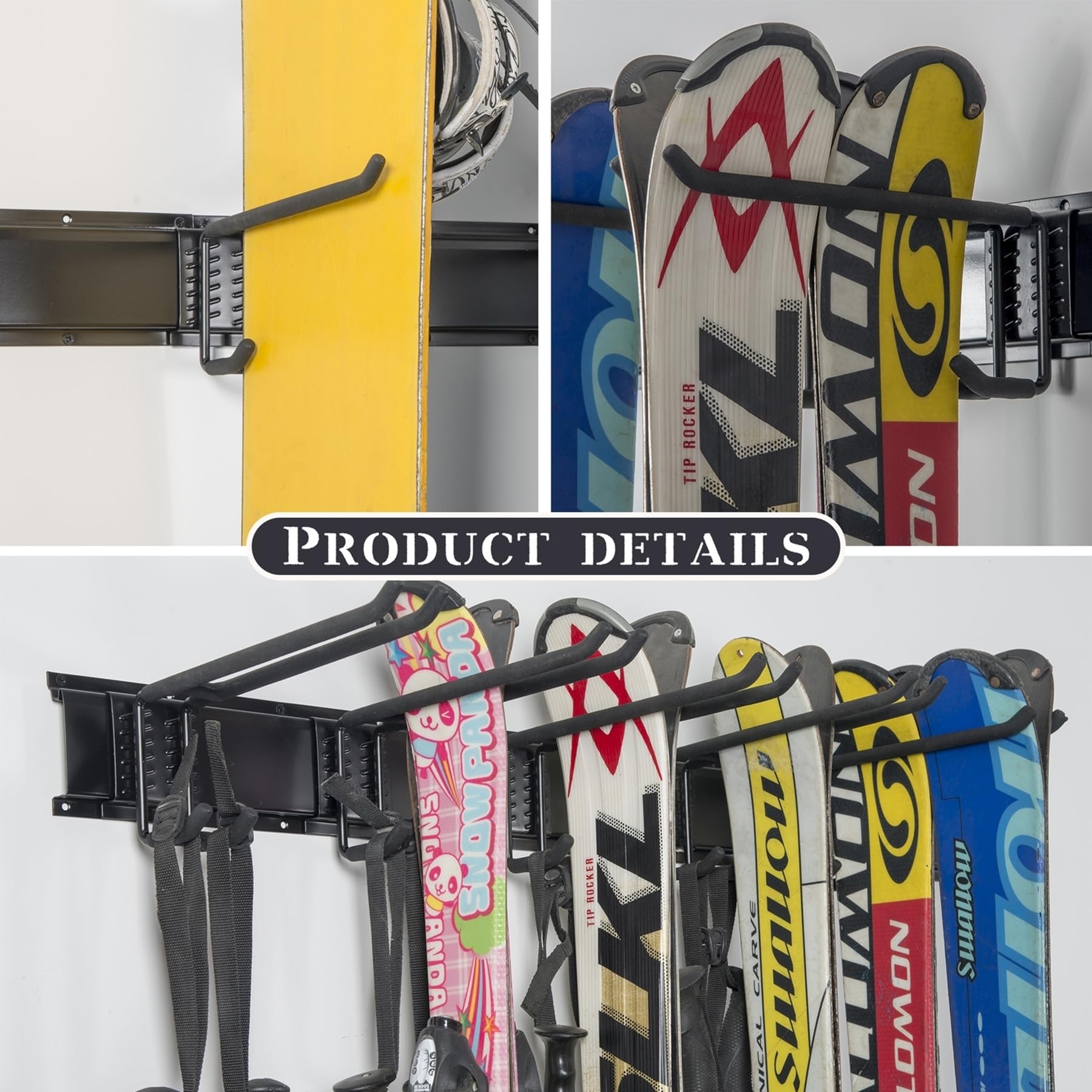 Wall Mount Ski Rack for Garage Storage - Heavy Duty 4 Pair Ski & Snowboard Hanger Organizer Holds Up to 200 lbs - Perfect for Ski Equipment Organization in Home, Basement, or Cabin