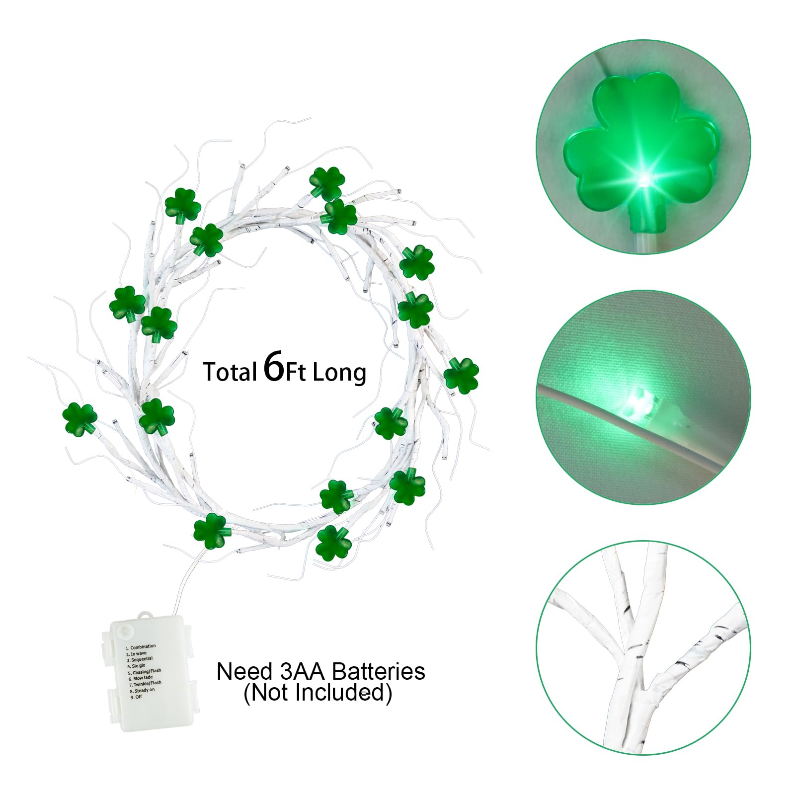 6Ft St. Patrick's Day LED Lighted Birch Garland with 16 Shamrocks - 48 Green Battery Operated Lights with Timer - Irish Holiday Decor for Mantel, Table, Wall - Perfect for St. Patrick's Party & Home Decoration