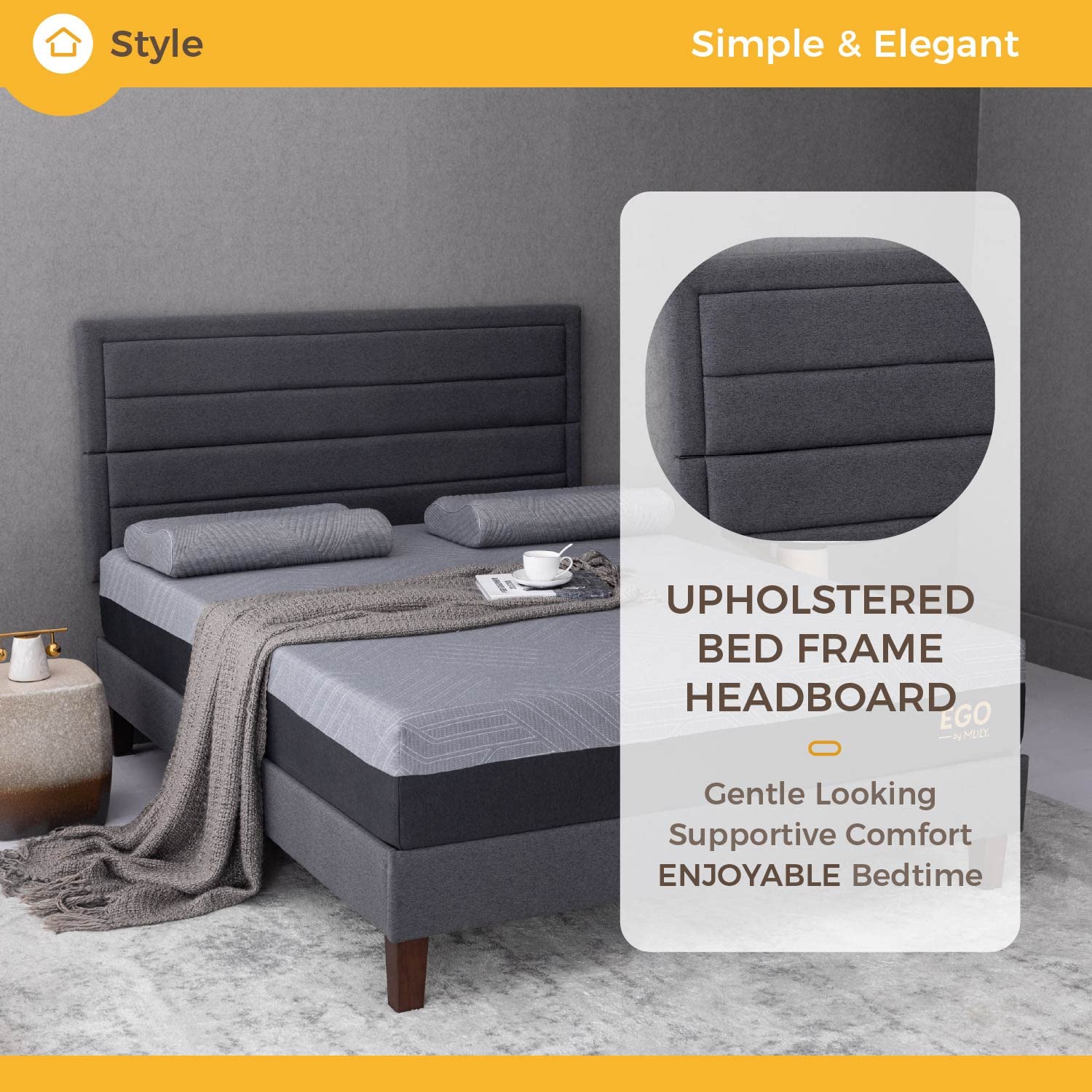 EGO Twin Upholstered Bed Frame with Headboard - Modern Platform Bed with Wood Slat Support, No Box Spring Needed - Easy Assembly Dark Grey - Perfect for Small Bedrooms, Guest Rooms & Dorm Rooms