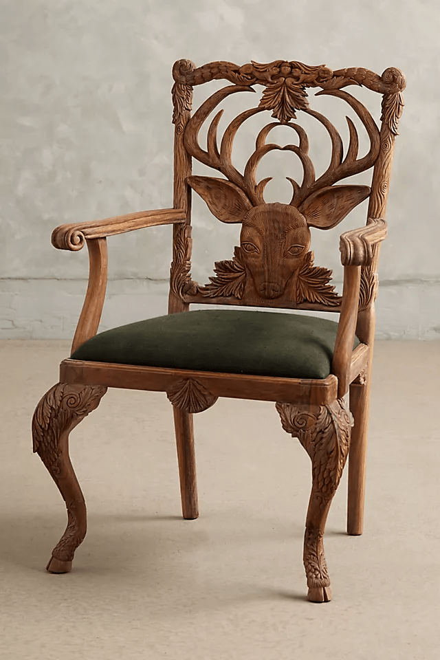 Hand Carved Natural Wood Deer Armchair - Solid Wood Dining Chair for Home, Restaurant & Cabin Decor | Rustic Furniture for Living Room & Dining Room