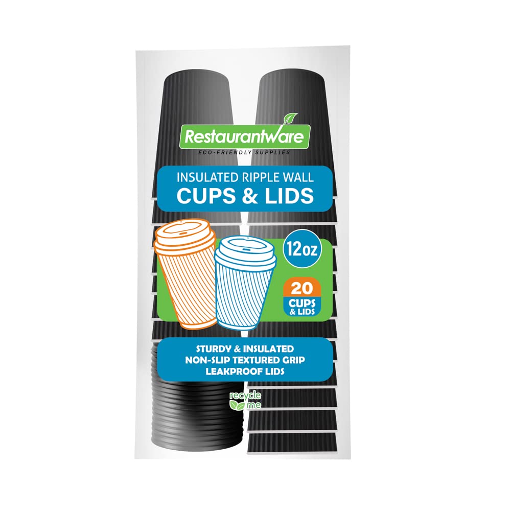 Restaurantware 12oz Insulated Coffee Cups with Lids - 20 Pack Black Ripple Wall Hot Cups | Leakproof & Non-Slip Disposable Paper Cups for Coffee, Tea, Hot Chocolate, Latte | Perfect for Cafes, Offices & Home Use