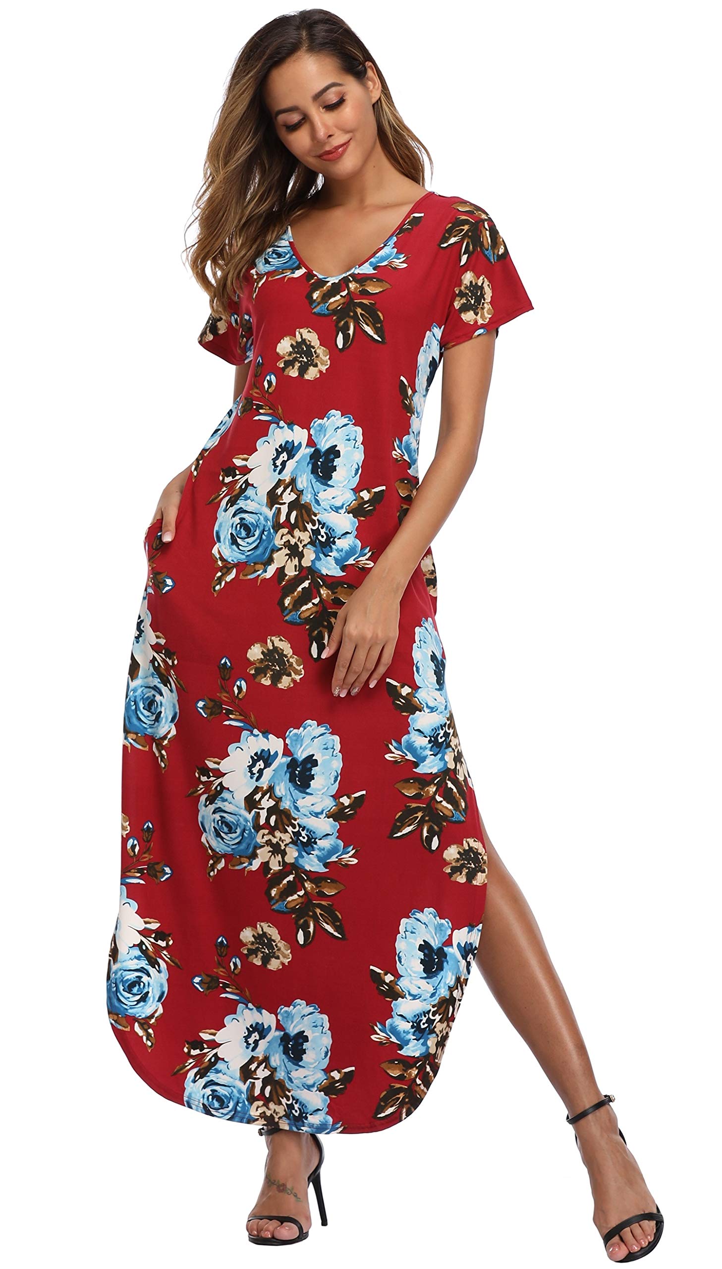 Floral Print Women's Maxi Dress - Long Casual Summer Beach Party Dress with Pockets | Perfect for Vacations, Weddings & Outdoor Events
