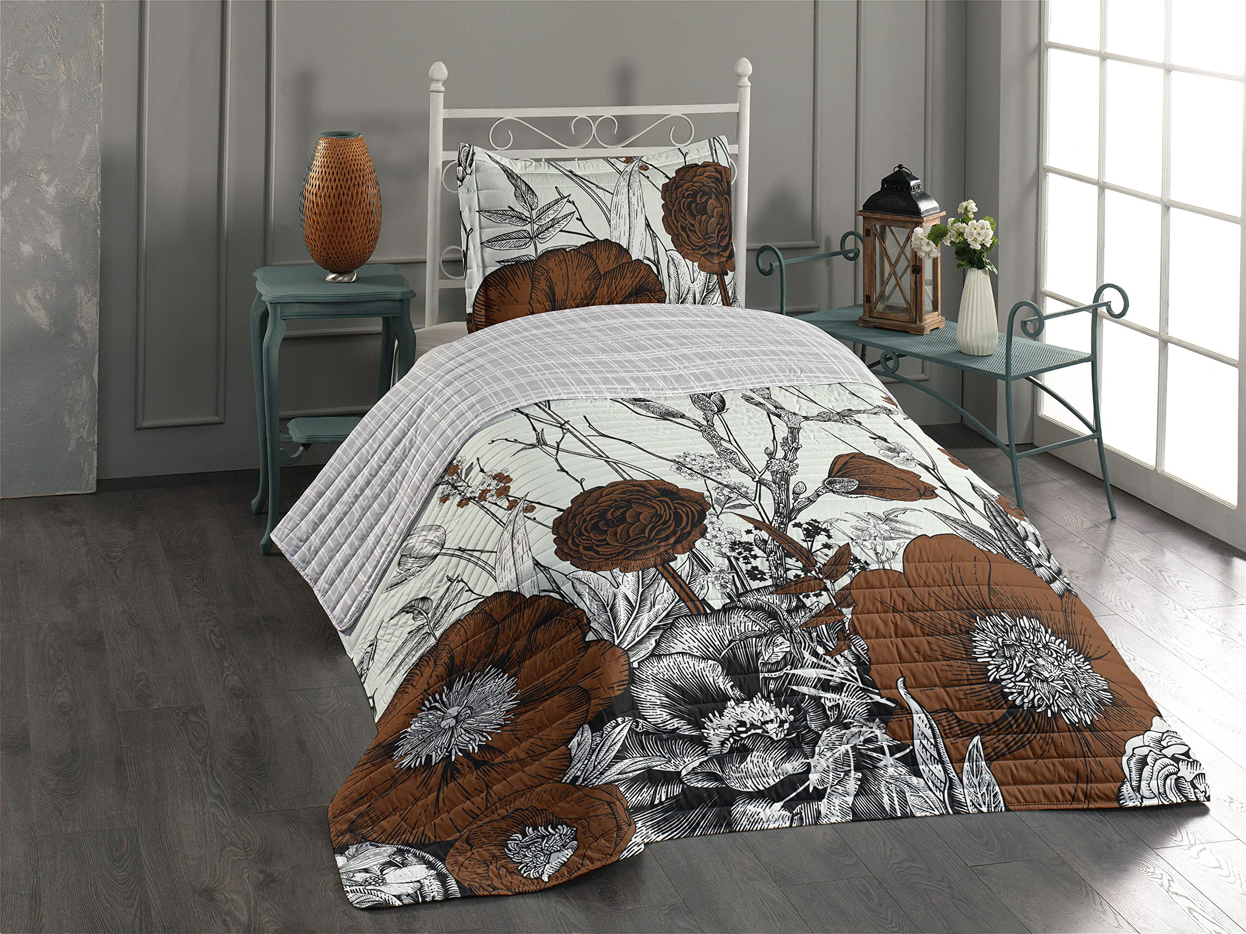 Ambesonne Reversible Dogwood Flower Bedspread Set - Twin Size Chocolate Microfiber Comforter with Pillow Shams | Retro Spring Cherry Blossom Botanical Design | Perfect for Guest Rooms, Dorm Decor & Cozy Bedroom Makeover