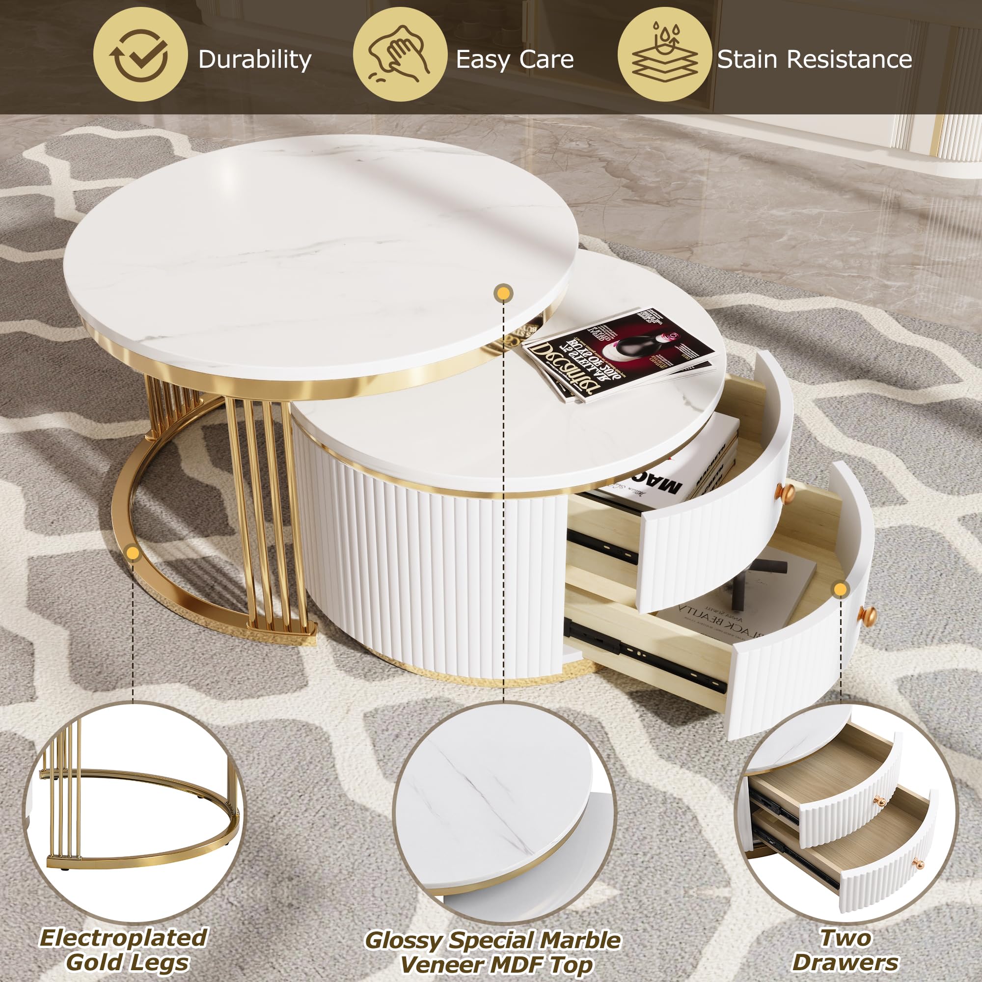 Modern Round Nesting Coffee Table Set of 2 with Storage Drawers - Gold & White Accent Living Room Furniture for Small Spaces, Apartments | Perfect for Coffee Serving, Magazine Storage & Home Decor