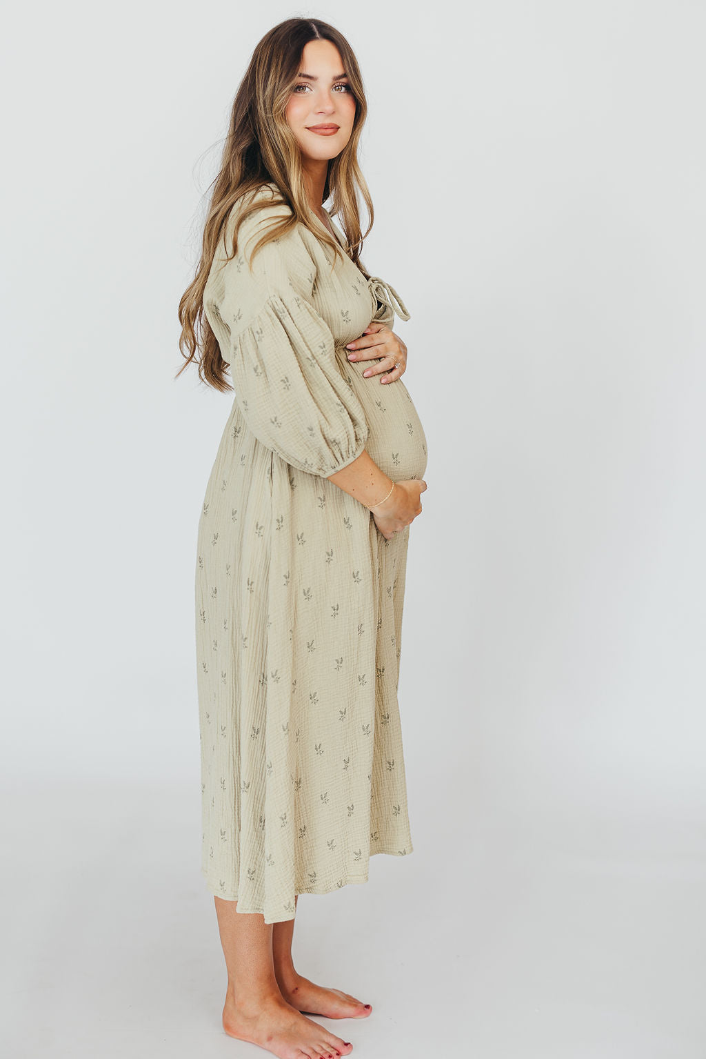 Hunter 100% Cotton Gauze Midi Dress in Thyme/Sage Foliage - Bump Friendly & Inclusive Sizing (XS-3XL) | Breathable Summer Dress for Maternity, Beach, and Casual Wear