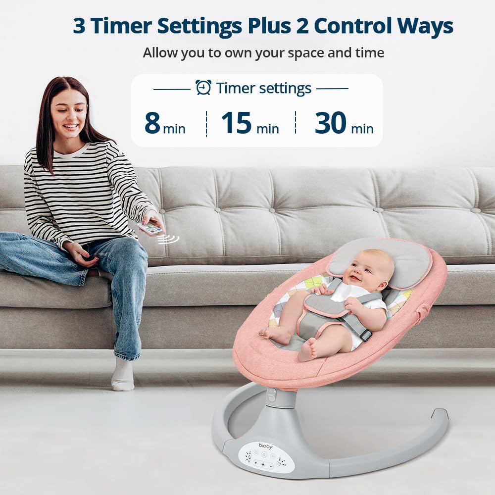Bioby Baby Swing for Infants 0-12 Months - Portable Rocker with 5 Speed Settings, Bluetooth Music, Remote Control & 5-Point Safety Harness - Lightweight Bouncer for Babies 5-20 lbs (Pink) - Perfect for Nursery, Travel & Soothing Fussy Babies