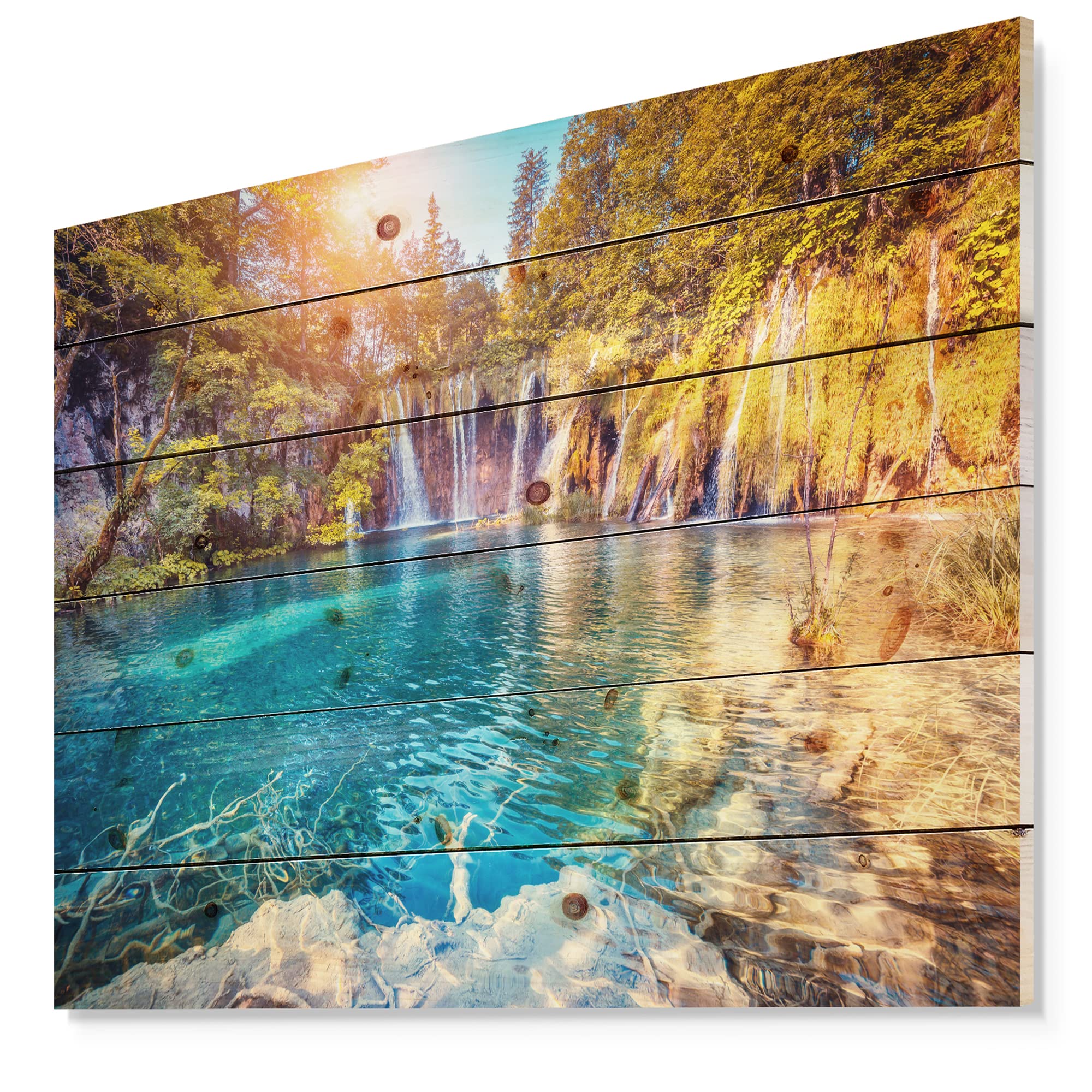 DesignQ Turquoise Water & Sunny Beams Tropical Wood Wall Art - Blue Ocean Landscape Wall Decor Printed on Natural Pine Wood - Perfect for Beach House, Living Room & Bedroom Decor