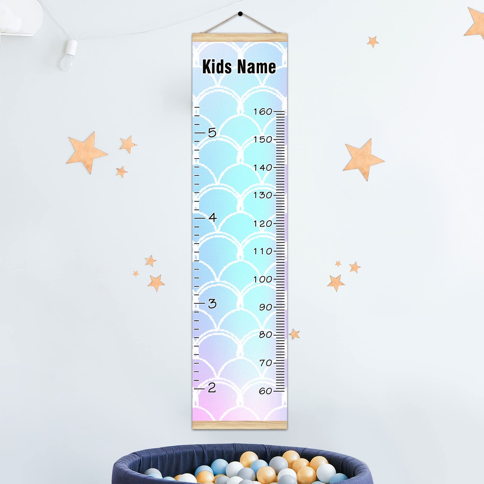 Personalized Kids Name Growth Chart Ruler - Wood Frame Wall Height Measure 13.4x56 inches - Linen Hanging Growth Tracker for Nursery & Kids Room Decor - Rainbow Mermaid Theme for Baby & Toddler Development Tracking