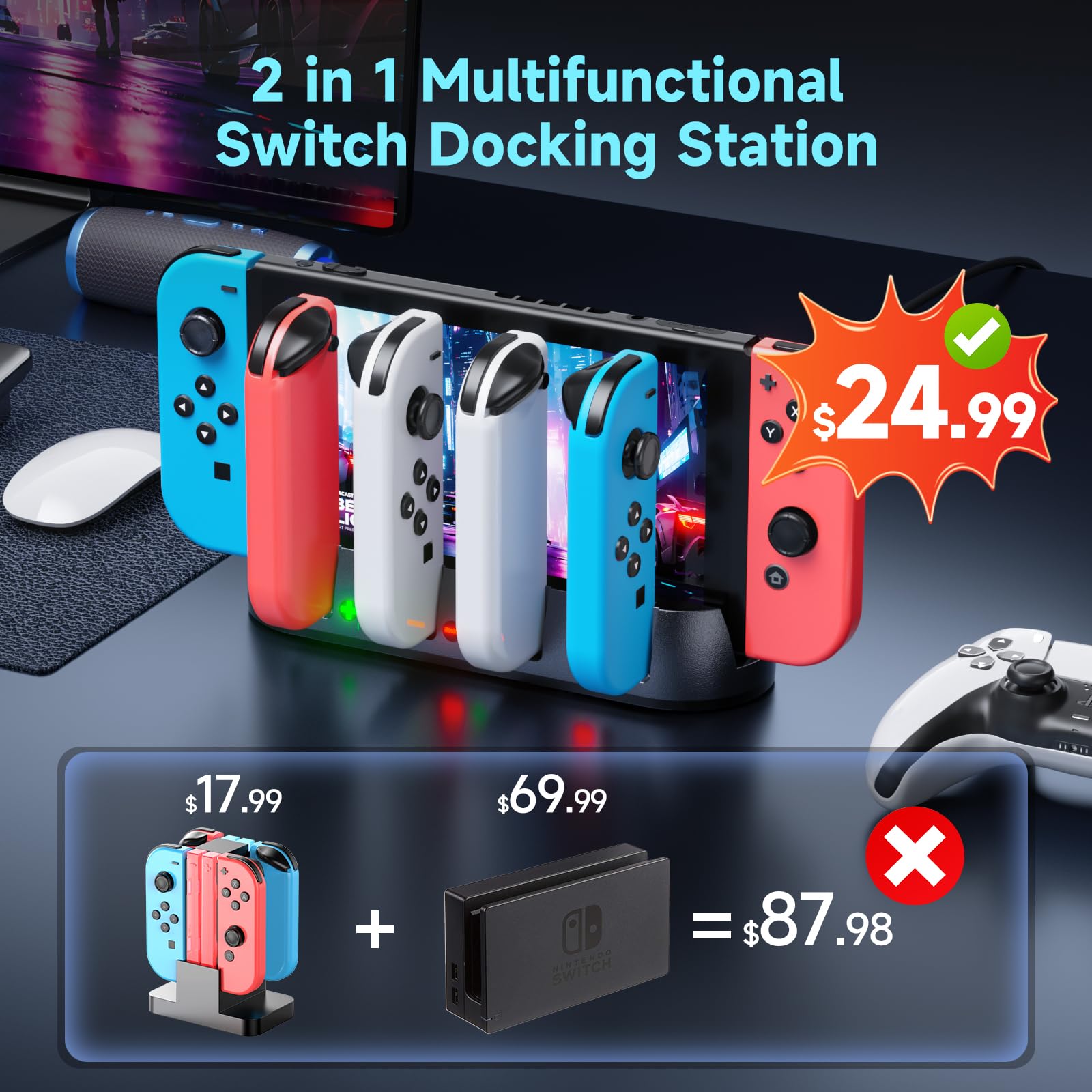 Nintendo Switch Charger Dock - Compatible with Switch/Switch OLED, PC & Mac - 4K/1080P HDMI & USB-C Charging - Portable TV Docking Station with Joycon Controller Charger (Black) - Perfect for Gaming at Home or Travel