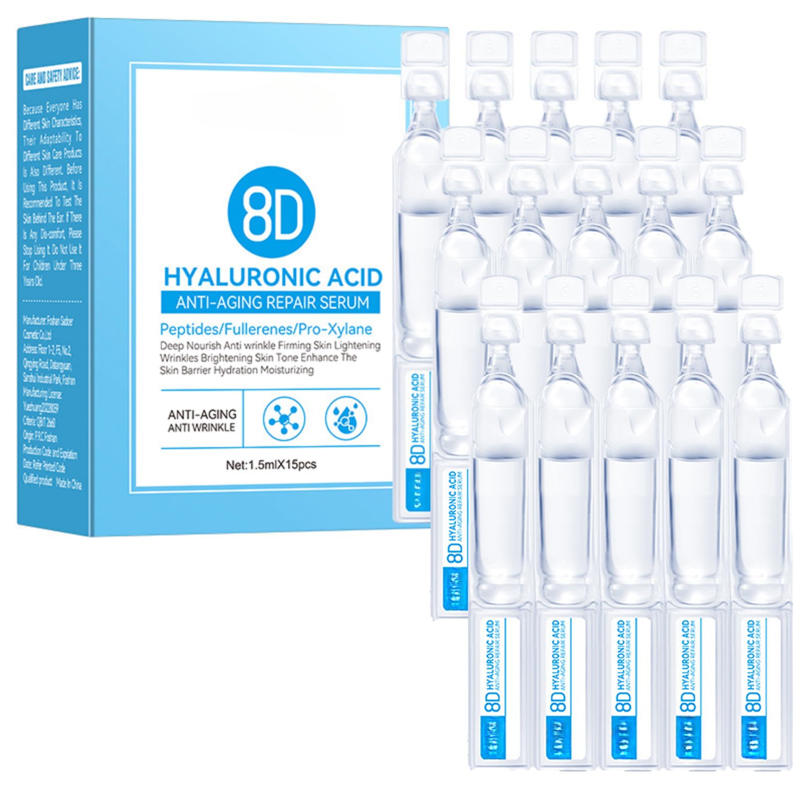 8D Hyaluronic Acid Serum for Face - Anti-Wrinkle Repair Essence with Deep Hydration, Ultra Moisturizing Skincare Vials (15pcs/Box) - Perfect for Dry Skin Care Routine & Night Time Skin Repair