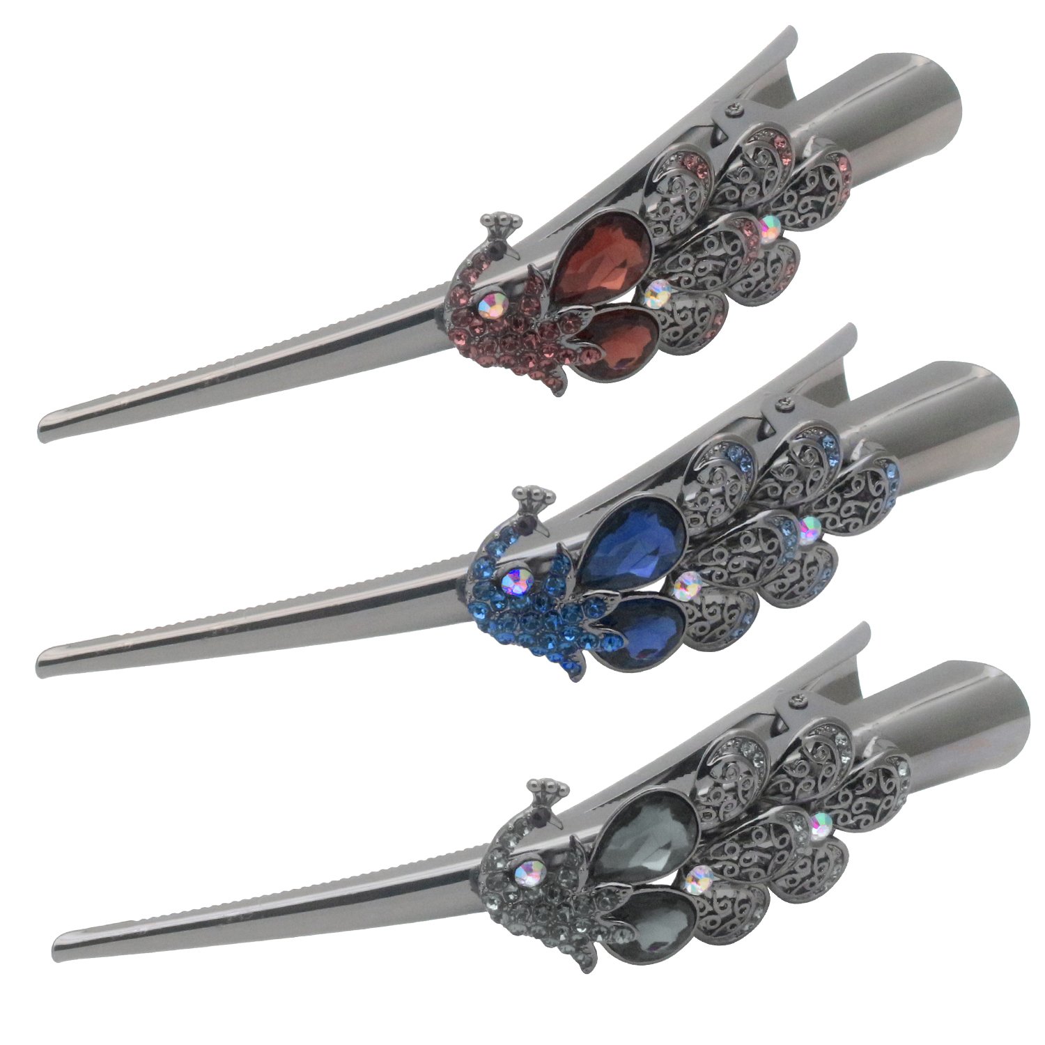 HOLLIHI 3-Pack Large Metal Alligator Hair Clips for Women - Strong Non-Slip Hair Grips for Thick Hair, Silver Gray (Peacock) | Perfect for Updos, Ponytails & Everyday Hairstyles