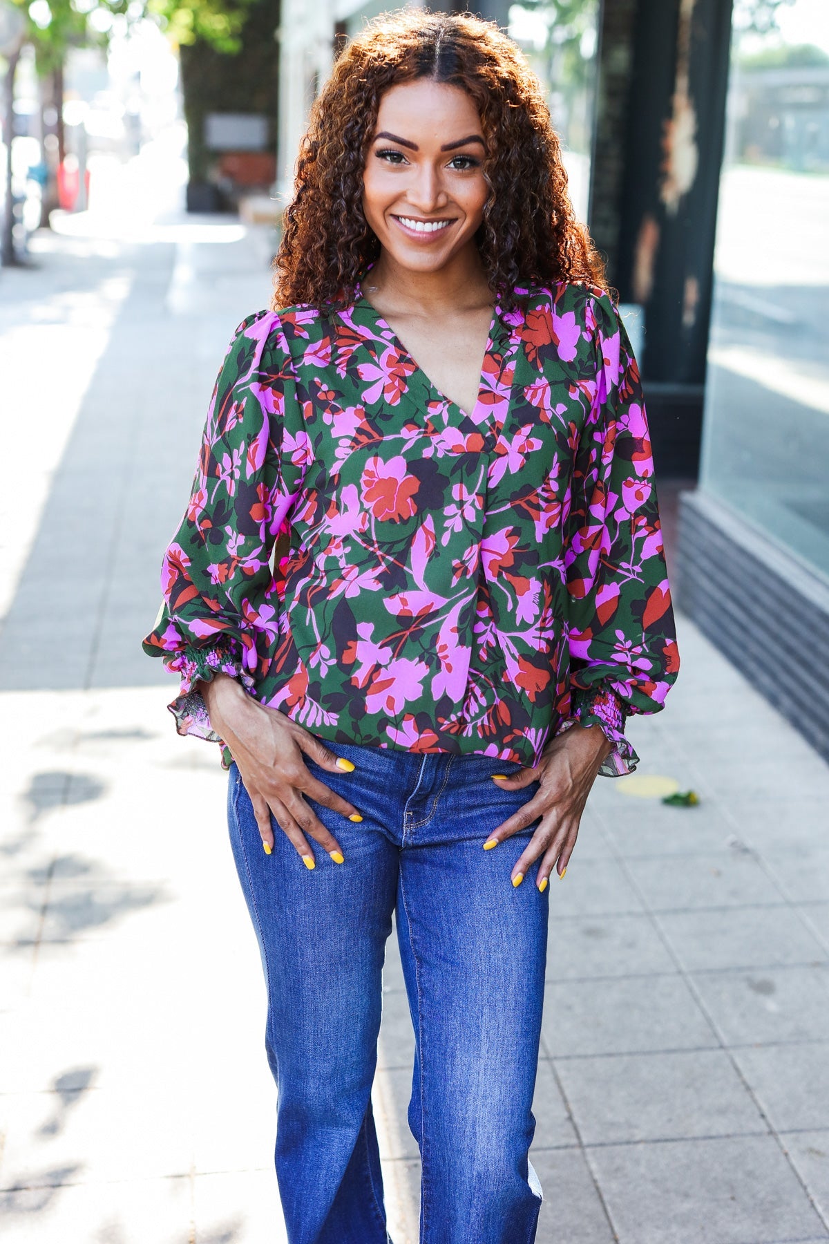 Eyes On You Forest Green Floral Smocked Bubble Sleeve V-Neck Blouse - Elegant Spring Summer Floral Top for Women, Perfect for Date Night, Garden Party & Casual Outings