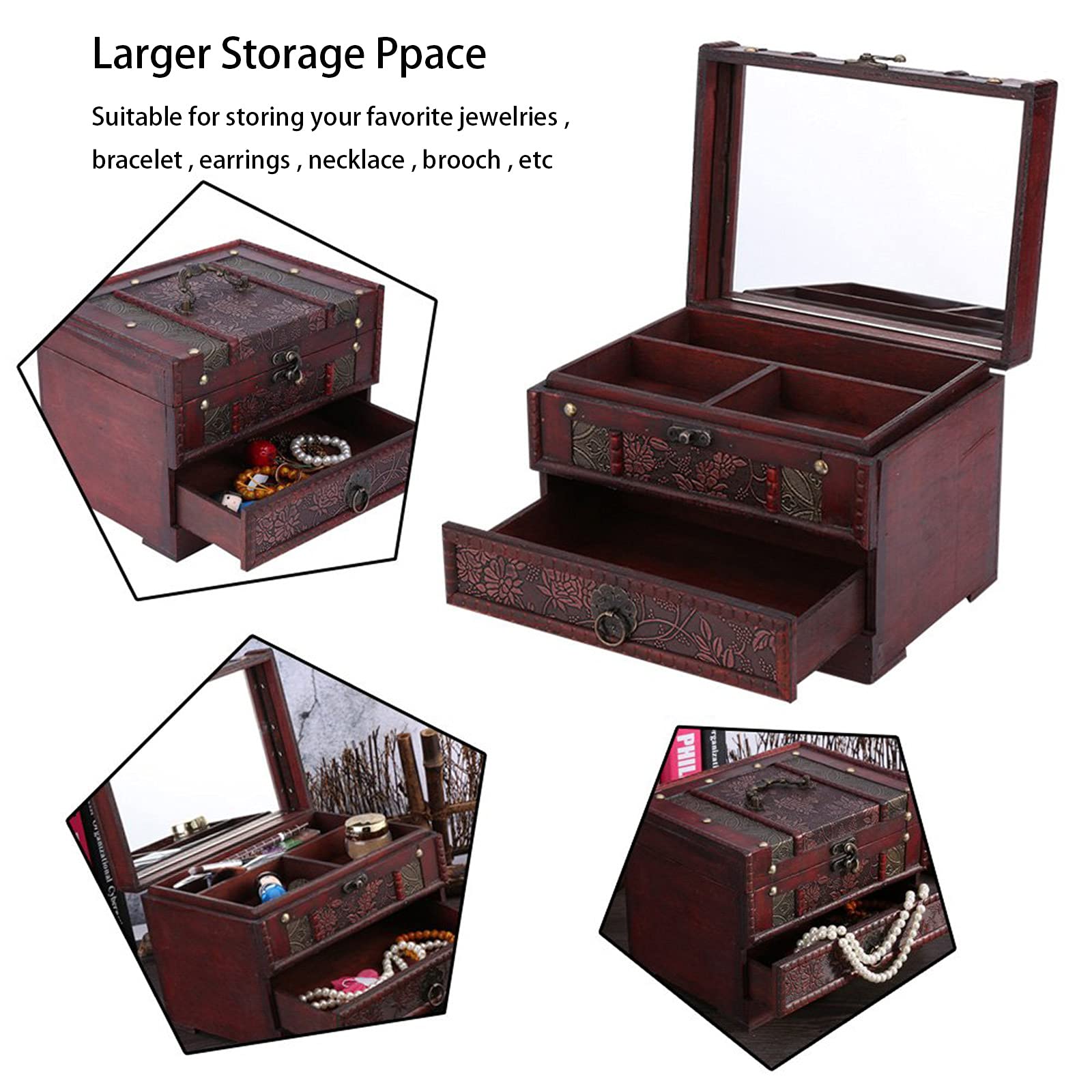 Classic Wooden Jewelry Box with Mirror & Drawer - Handcrafted Jewelry Storage Organizer for Rings, Necklaces, Earrings - Perfect Mother's Day Gift for Women & Girls - Elegant Dresser Top Decor for Bedroom & Vanity