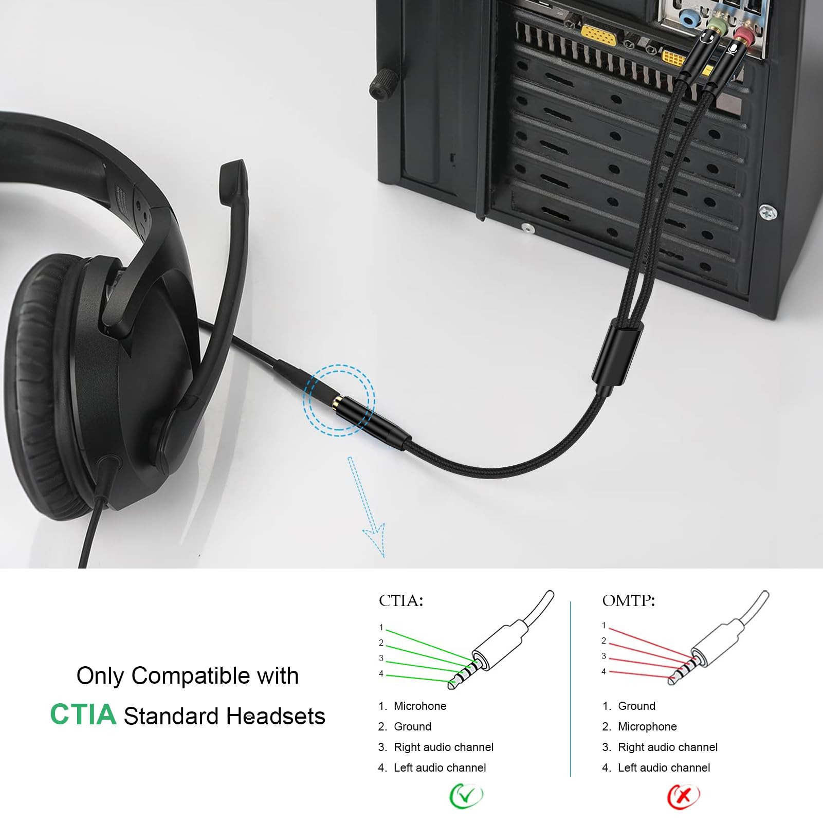 Premium 3.5mm PC Headset Splitter Cable - Mic & Audio Y Adapter for Gaming Headsets (Astro A10/A40, HyperX Cloud, SteelSeries, Sennheiser, Razer) - Perfect for Streaming, Online Meetings & Multi-Device Gaming Setups