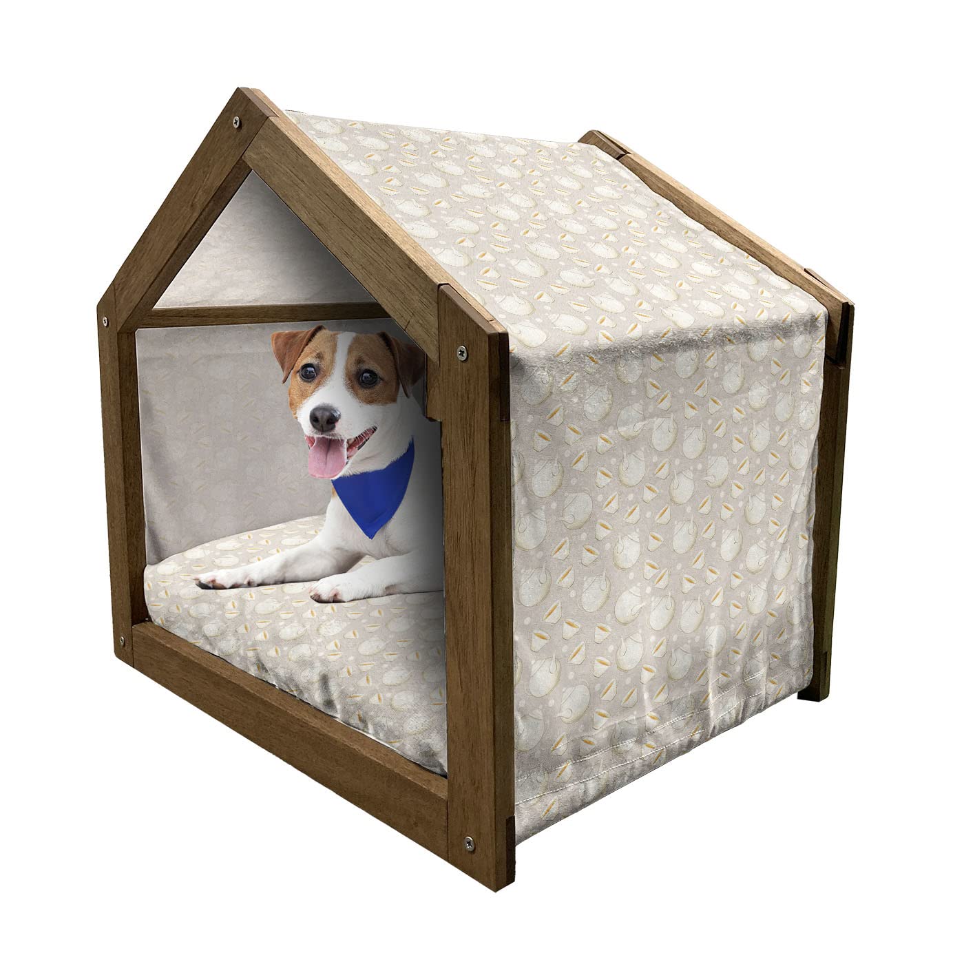 Ambesonne Wooden Pet House for Dogs - Floating Teapots & Cups Print with Polka Dots - Indoor & Outdoor Portable Dog Kennel with Pillow & Cover - Medium Size in Pale Tan Marigold White - Perfect for Tea Party Themed Rooms & Cozy Pet Spaces