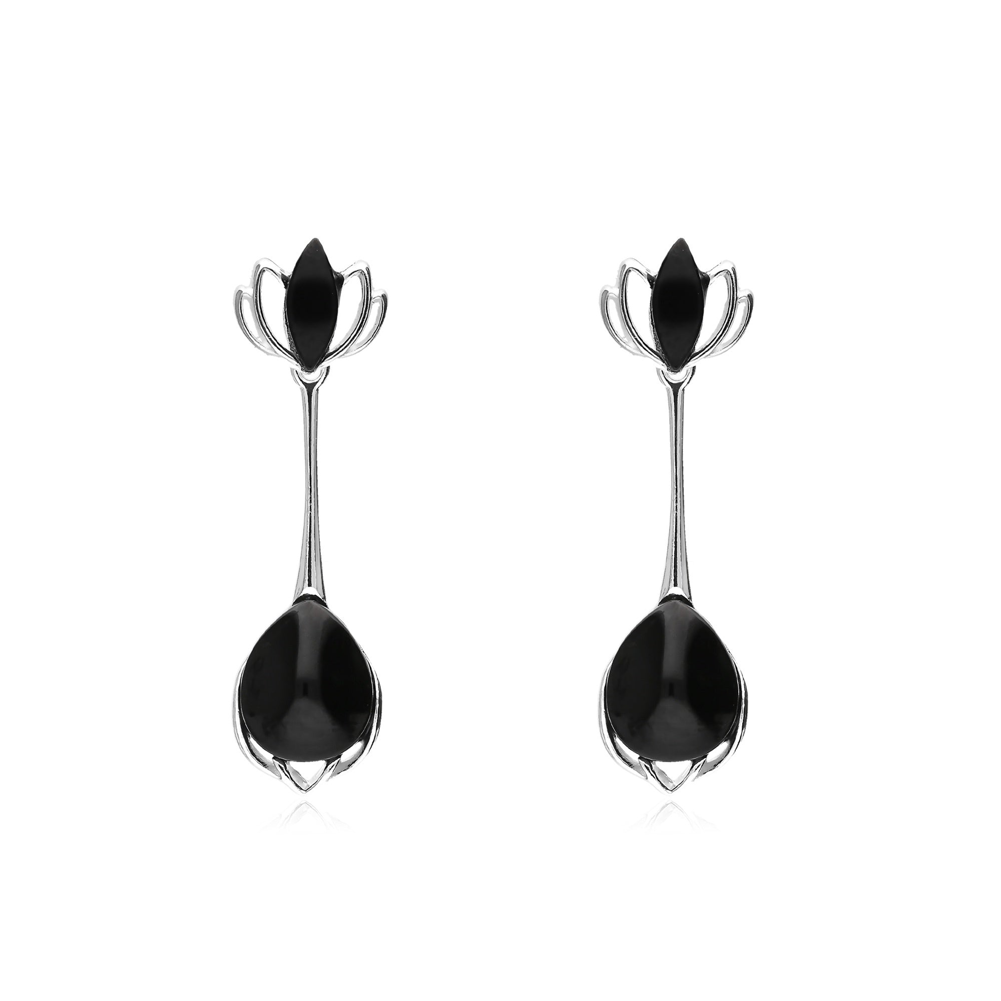 Sterling Silver Whitby Jet Lotus Flower Teardrop Earrings - Elegant Dangle Earrings for Women, Perfect for Weddings, Parties & Special Occasions