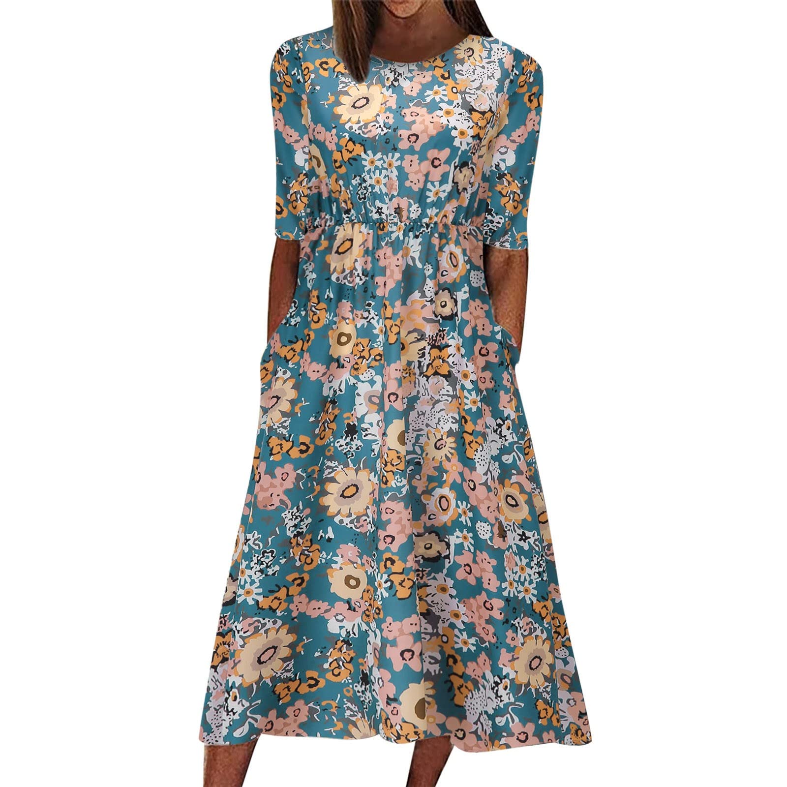 MASHAN Women's Casual Summer Stripe Button Down V-Neck Sleeveless Pocket Maxi Dress - Floral Beach Party, Vacation, Holiday & Outdoor Midi Dress for Women