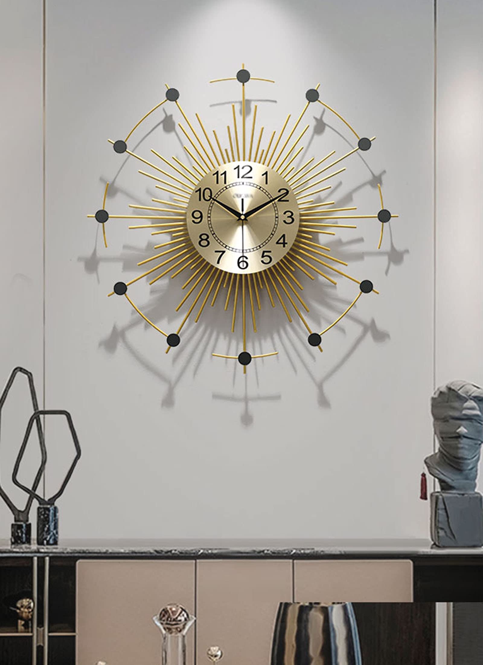 Modern Round Metal Wall Clock - Silent Iron Sunburst Design for Home & Hotel Decor - Gold 58cm - Perfect for Living Room, Bedroom & Office Interior Decoration
