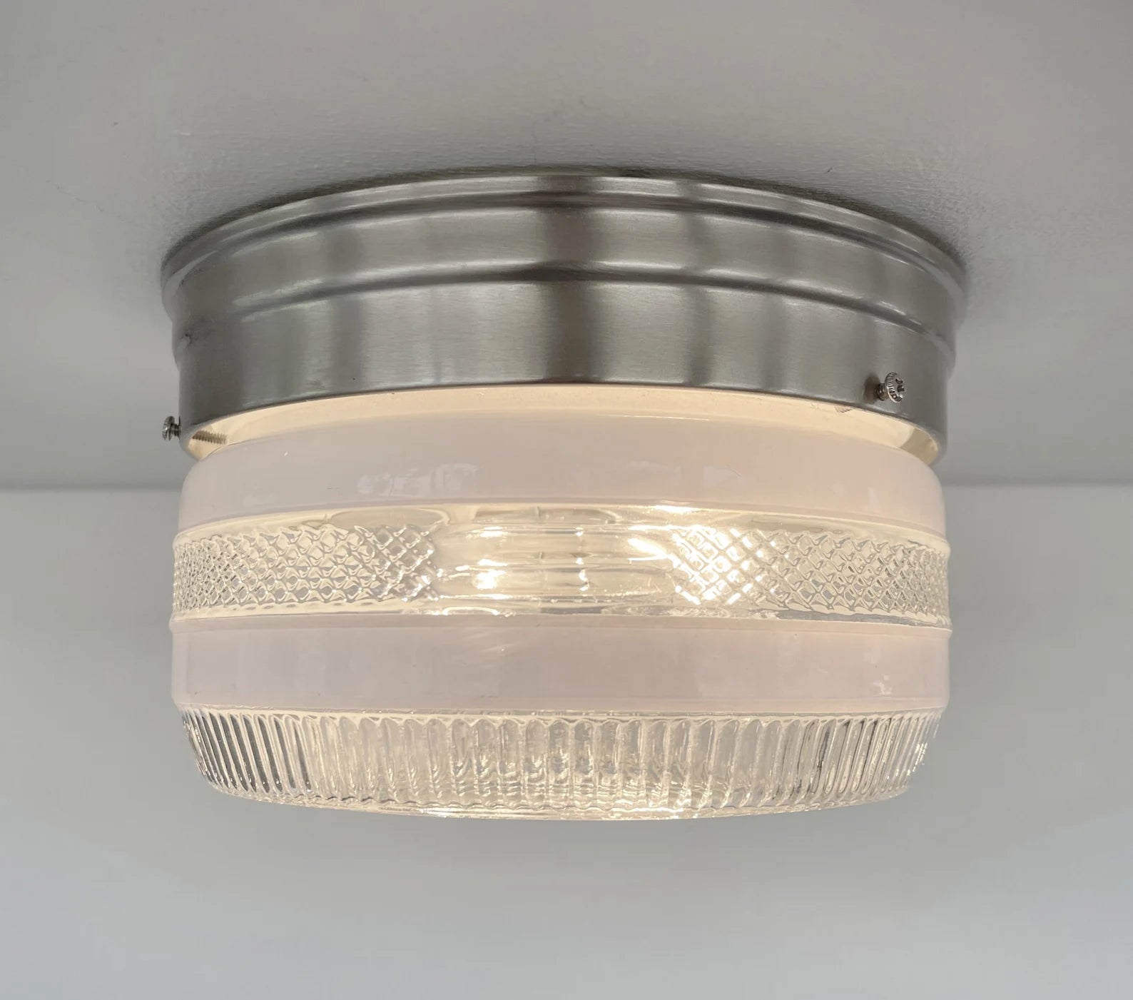 Vintage 1960s Retro Drum Flush Mount Ceiling Light Fixture - Brushed Nickel Finish - Perfect for Mid-Century Modern Living Room, Bedroom or Dining Room Lighting