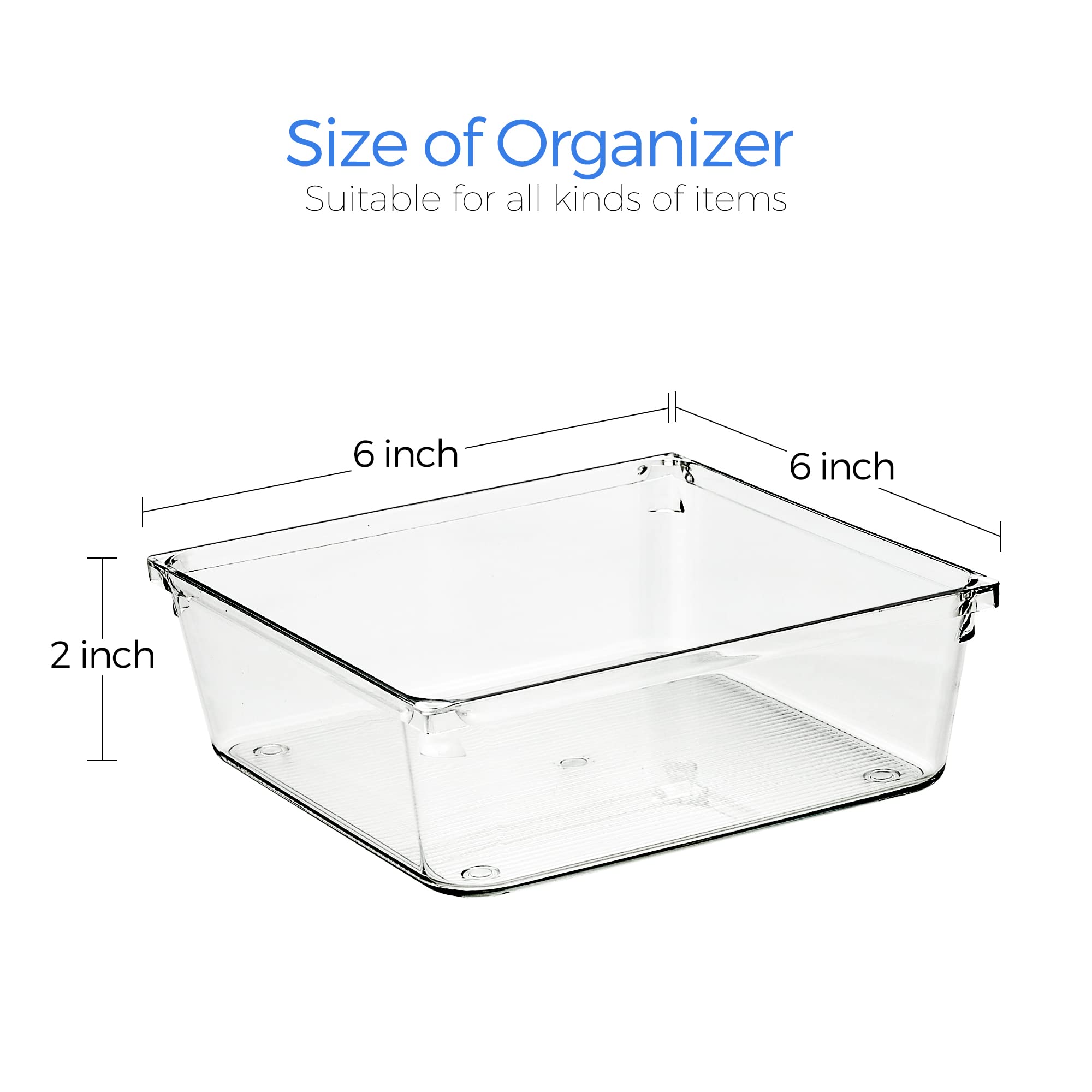 Ravinte 6-Pack Clear Plastic Drawer Organizers - 6x6 Inch Acrylic Storage Bins with Non-Slip Pads | Perfect for Makeup, Jewelry, Kitchen Utensils, Office & Bathroom Organization | Space-Saving Desk Trays for Home & Office Use