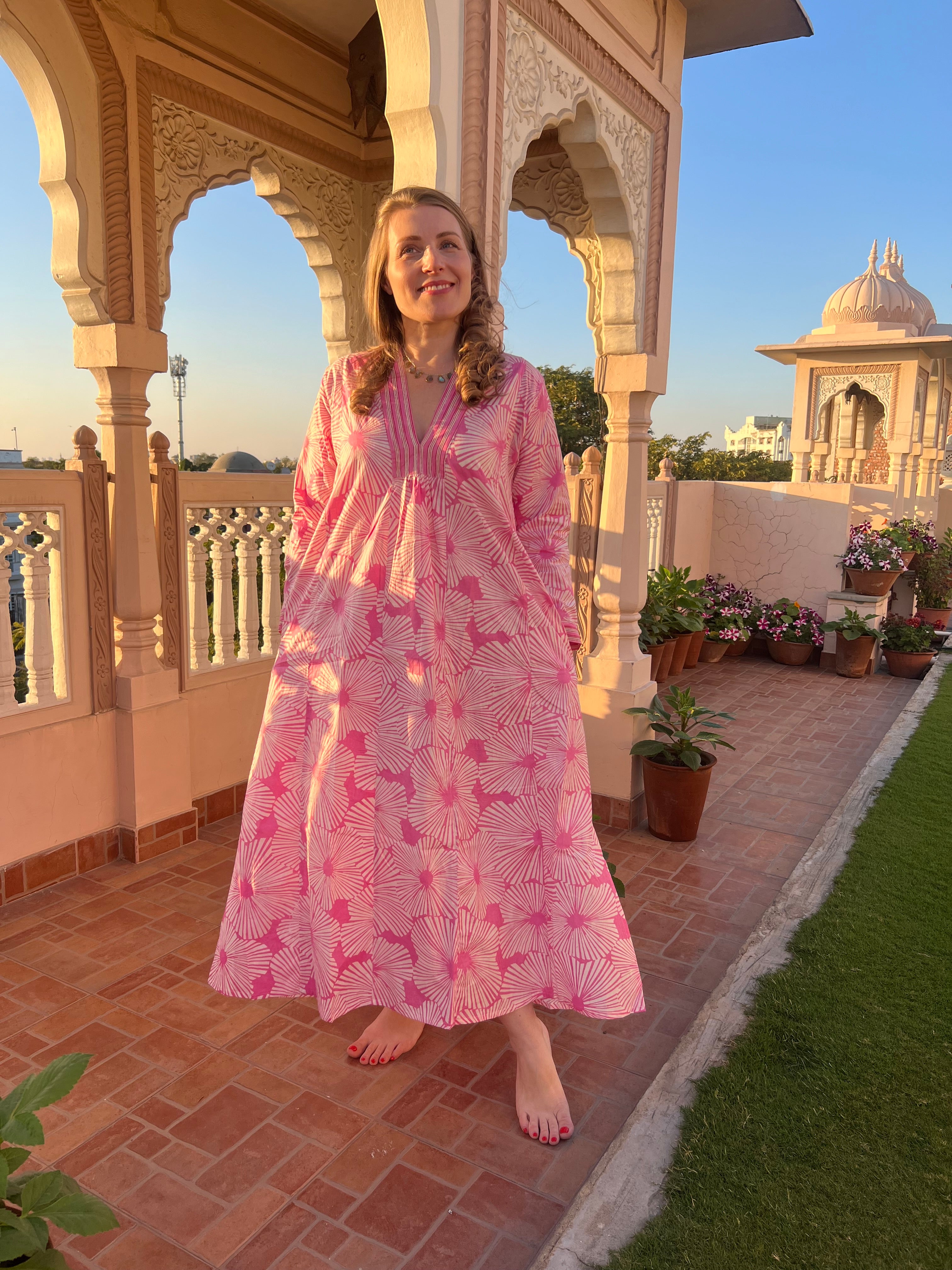 Boho Beautiful Long Kaftan Dress with Pink Floral Print - Elegant Beach Cover Up, Summer Maxi Dress for Women, Perfect for Vacations, Pool Parties & Boho Fashion