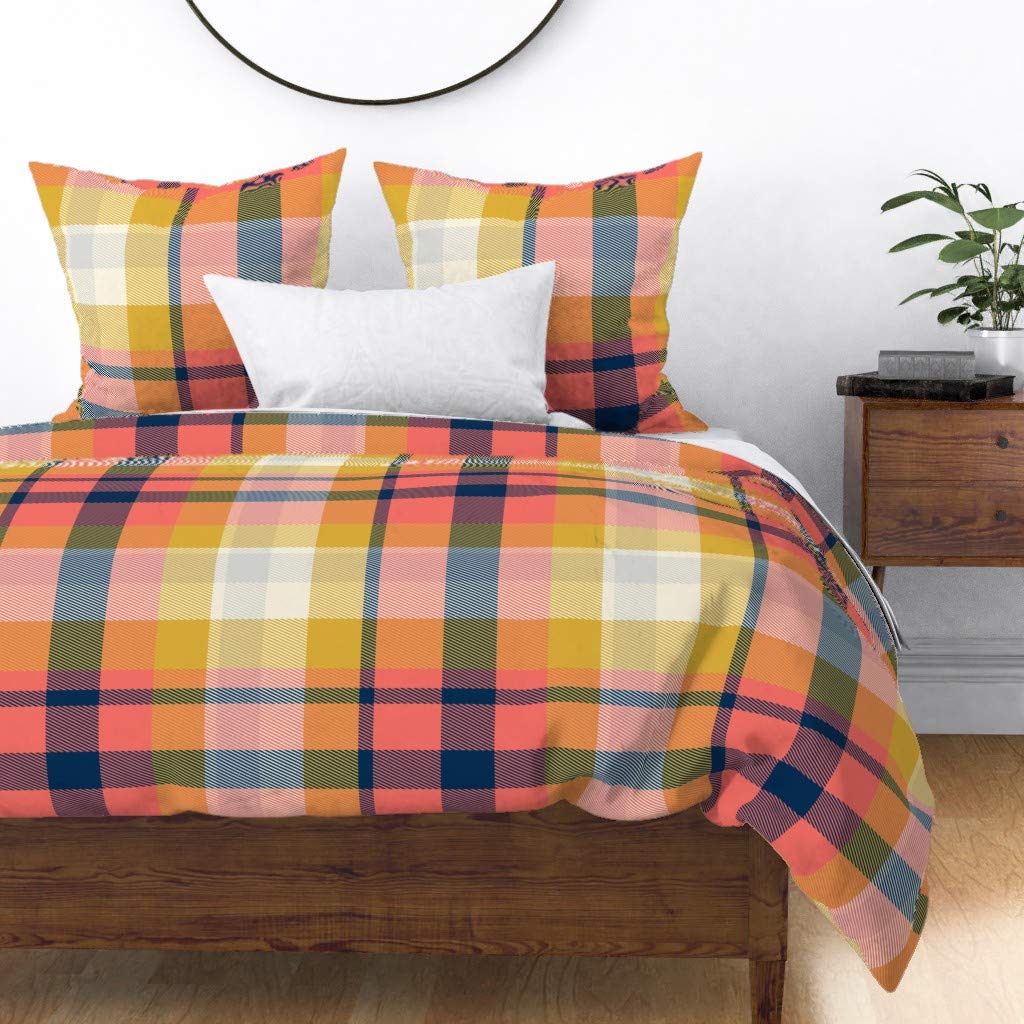Custom Coral Big Plaid Cotton Sateen Duvet Cover King/California King - Light Gray Navy Blue Midnight Golden Large Print Bedding for Cozy Bedroom Decor
