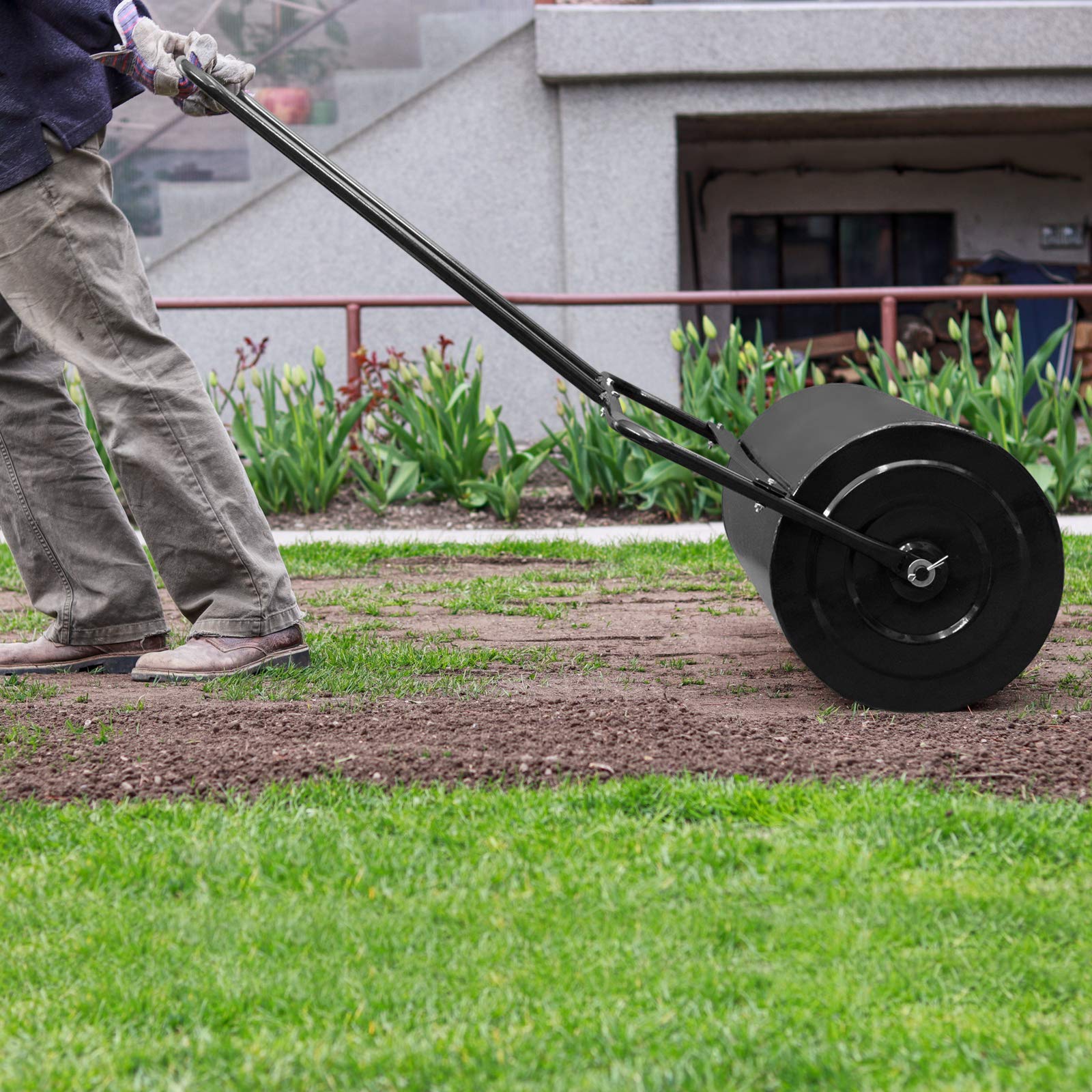 VINGLI 20 Inch Lawn Roller - Heavy Duty Water or Sand Filled Garden Drum Roller for Leveling Grass, Soil & Yard - Push/Tow Behind for Lawn Care, Landscaping & Backyard Maintenance (Black) | Perfect for Seeding, Sod Installation & Ground Preparation