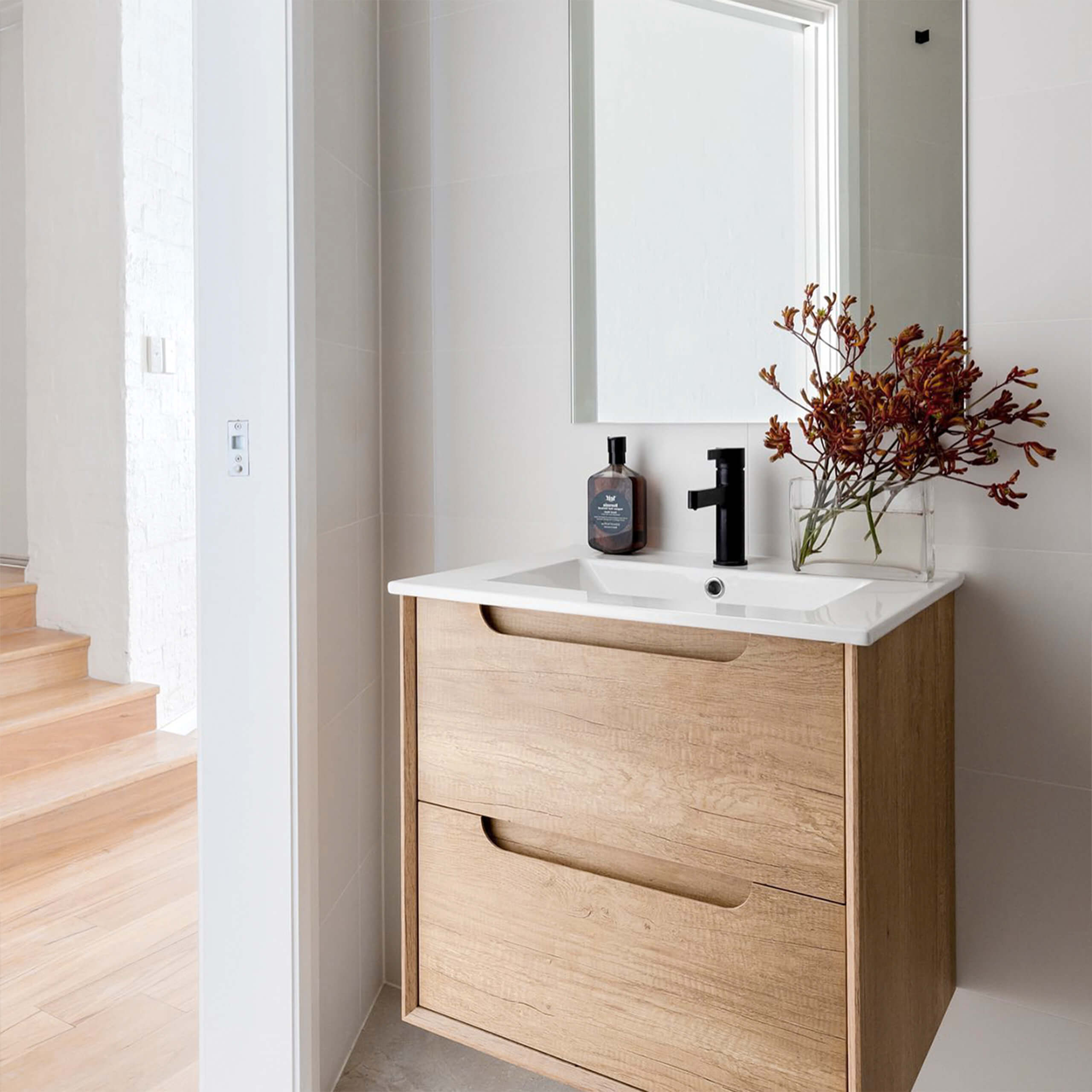 Byron Natural Oak Wood Bathroom Vanity with Ceramic Top - Single Basin Sink for Modern & Farmhouse Style Homes - Perfect for Master Bath, Guest Bath, or Powder Room
