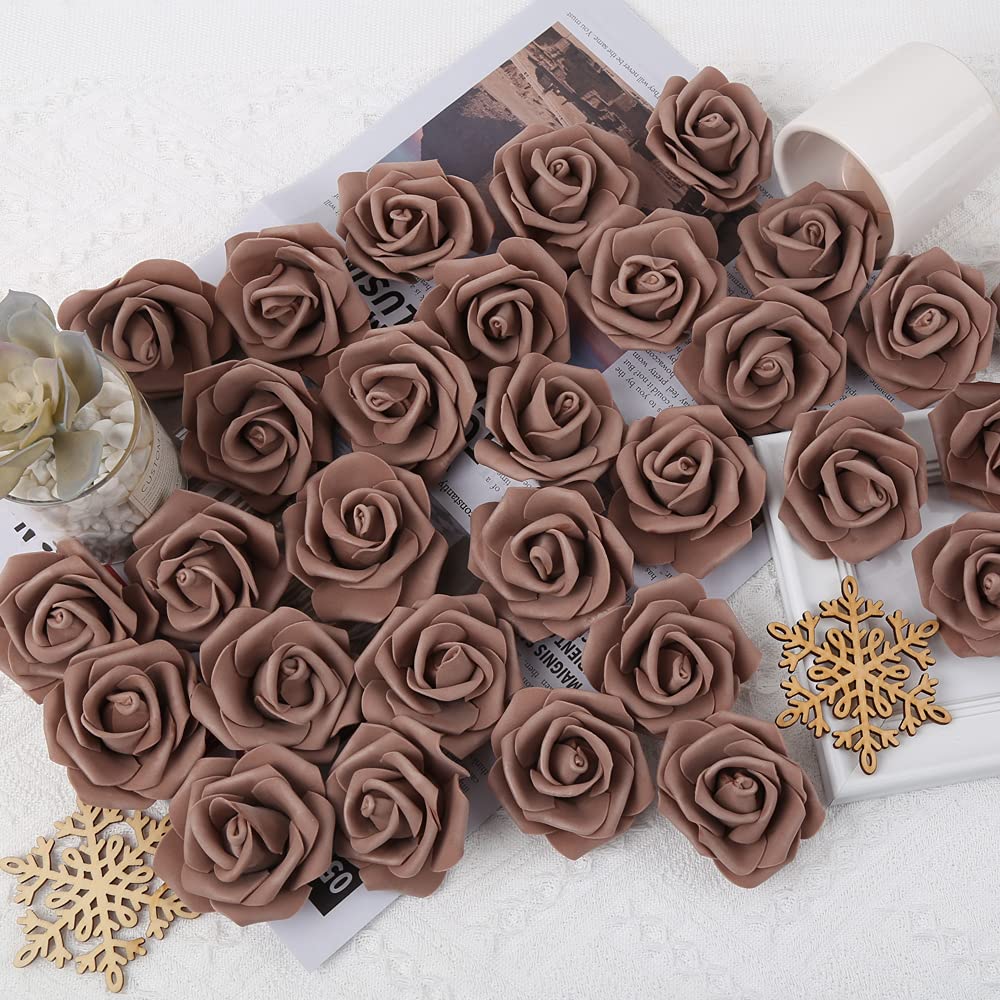 100pcs Dark Brown Artificial Rose Flower Heads - Stemless Foam Roses for DIY Wedding Bouquets, Centerpieces, Party Decorations, Baby Showers & Home Decor - Perfect for Wedding Arrangements, Table Centerpieces, and Craft Projects