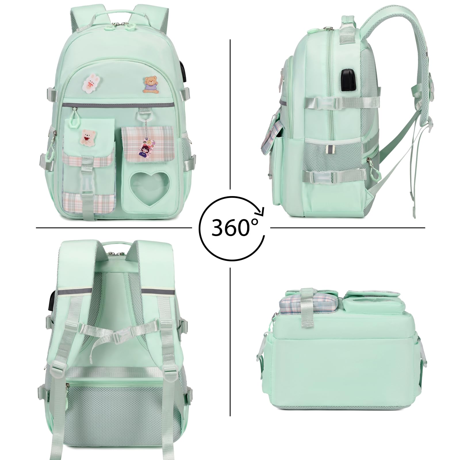 Stylish Girls Backpack for School, Travel & Daily Use - Cute Bookbag for Kids, Teens & Women - Lightweight Daypack with Lunch Box - Perfect for Elementary, Middle School & College (Green)