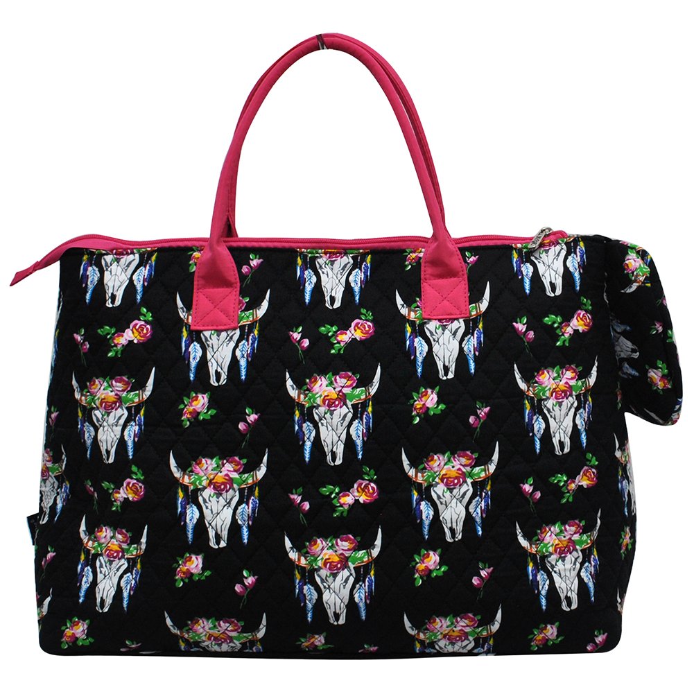 Bull Skull Hot Pink Quilted Overnight Tote Bag for Women - Stylish Travel Bag, Gym Bag & Weekend Getaway Carryall | Durable Fashionable Handbag for Work, Vacation & Daily Use