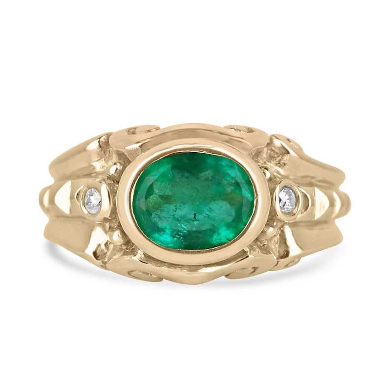 1.05tcw 18K 750 Gold Antique Natural Rich Green Emerald & Brilliant Round Diamond 3 Stone Ring - Elegant Vintage Jewelry for Weddings, Anniversaries & Special Occasions
