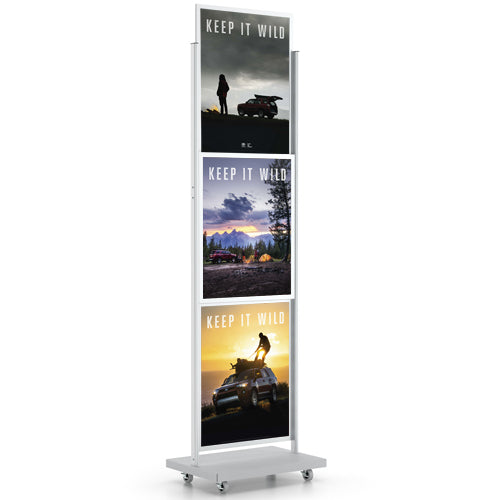 3 Tier Heavy Duty 22x28 Rolling Poster Display Stand - Silver Finish Steel Base | Trade Show, Retail Store & Event Sign Holder for Advertising & Promotion