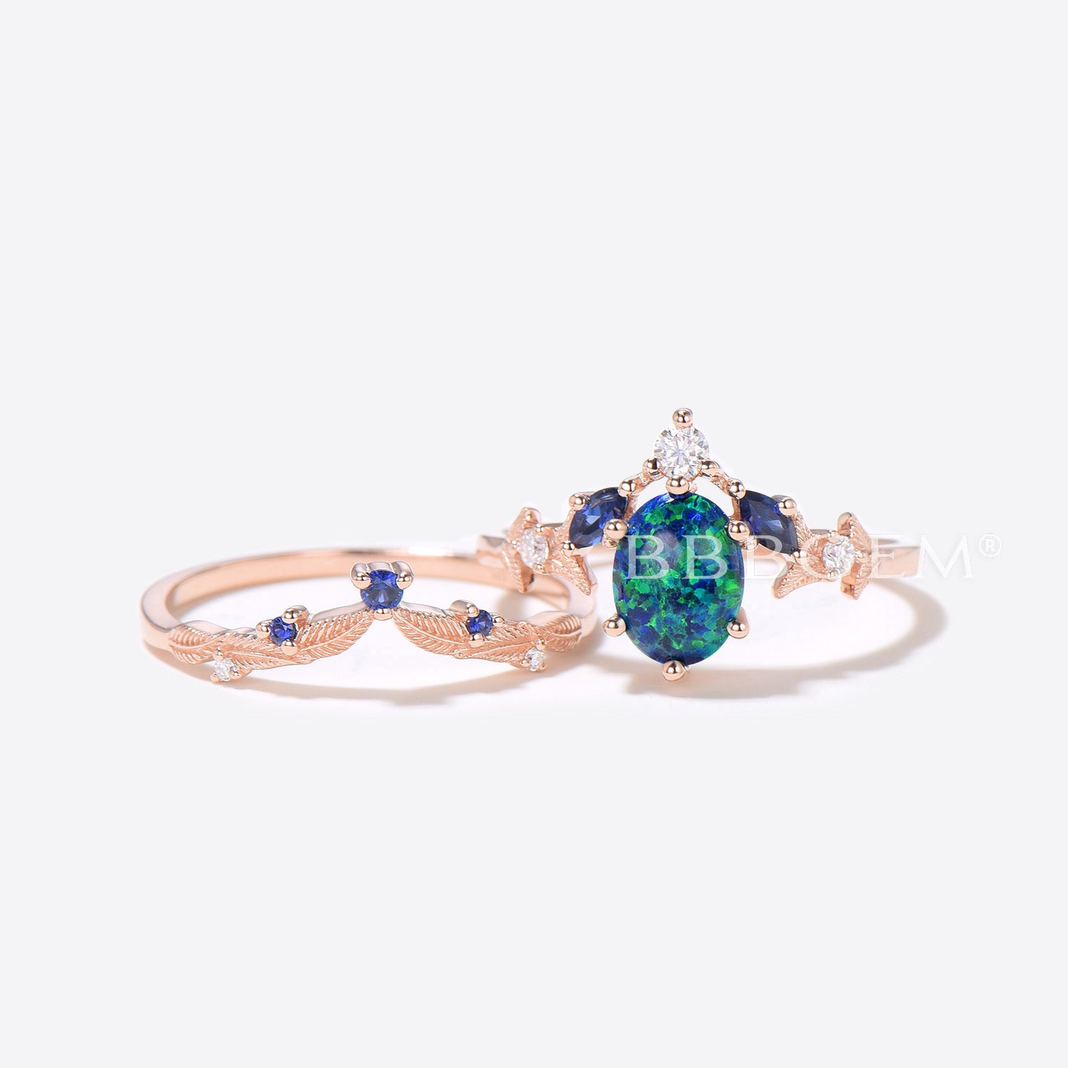Oval Cut Black Opal Engagement Ring - Nature Inspired Leaf Design Bridal Set for Wedding & Proposal | Perfect for Nature Lovers & Unique Bridal Jewelry