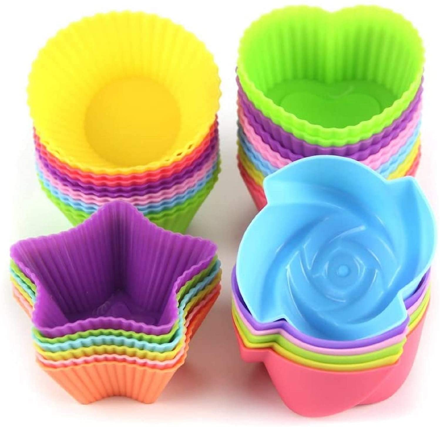 Reusable Silicone Cupcake Liners - Nonstick Baking Cups for Muffins & Pastries (24-Piece Set, 4 Shapes: Round, Stars, Heart, Flowers) - Easy Clean & Colorful - Perfect for Birthday Parties, Baby Showers & Holiday Baking