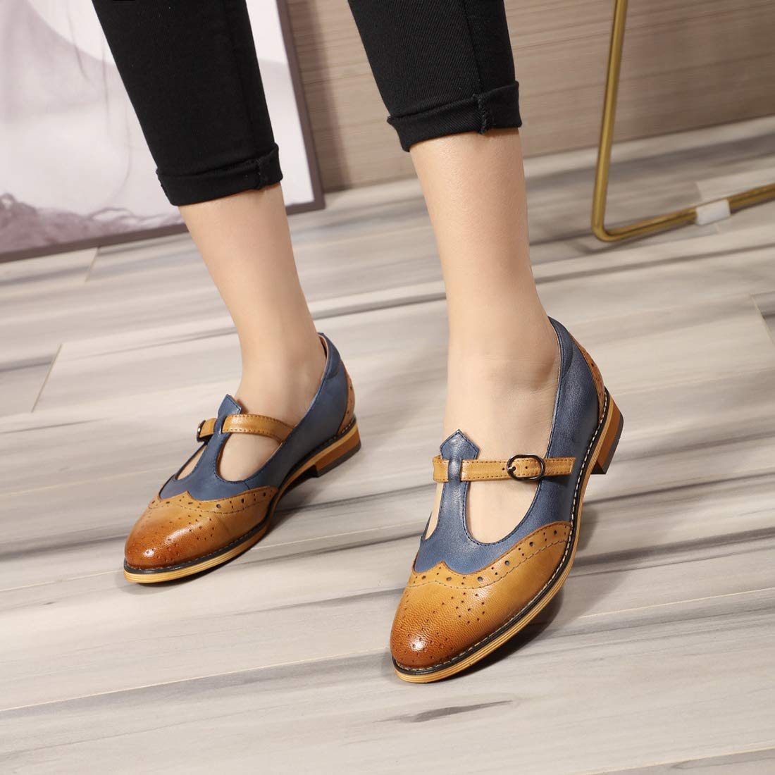 Women's Leather Wingtip Oxford Mary Jane Loafers - Casual T-Strap Flat Shoes for Ladies | Comfortable & Stylish for Work, Office & Everyday Wear