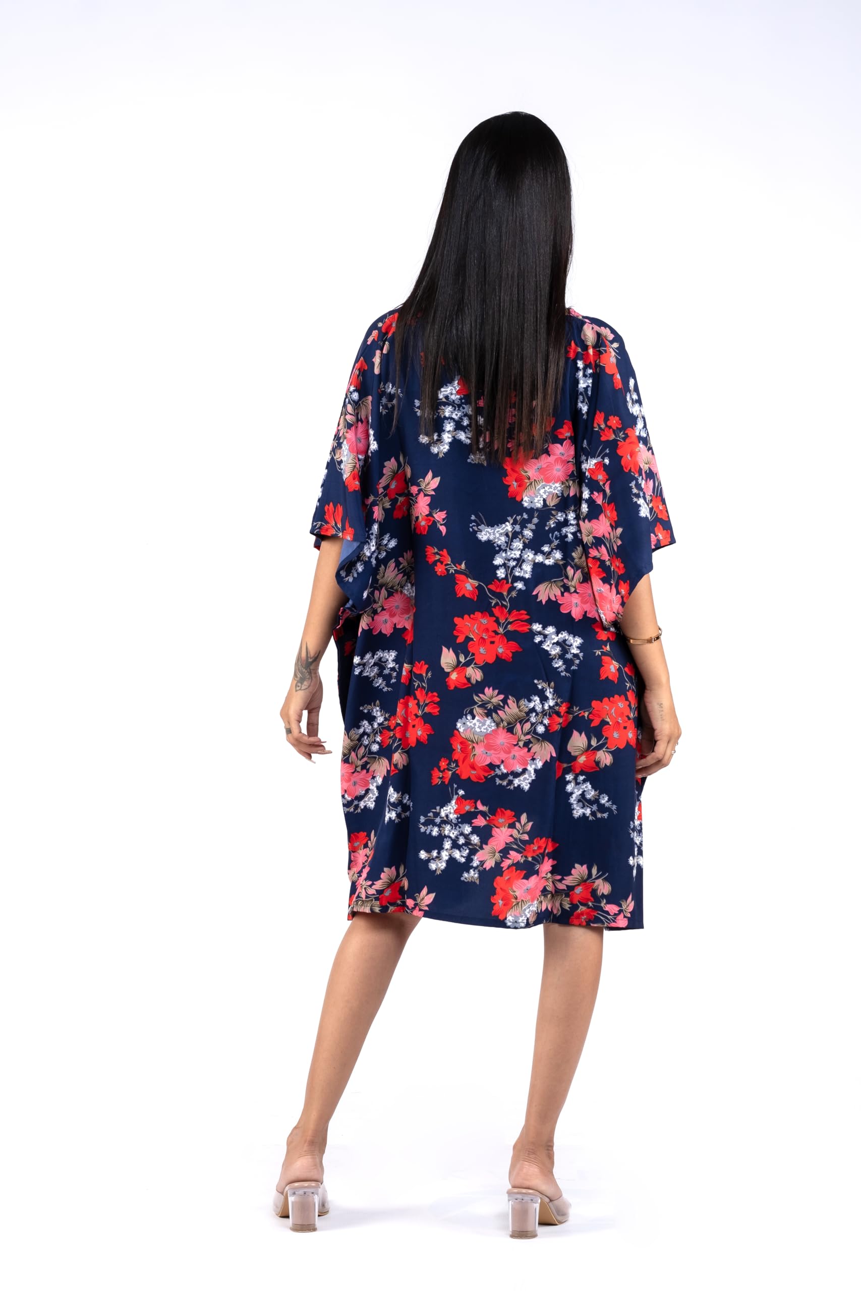 Women's Floral Print V-Neck Kaftan Dress - Short Kimono Style Beach Cover Up | Perfect for Summer Vacations, Poolside Lounging & Resort Wear