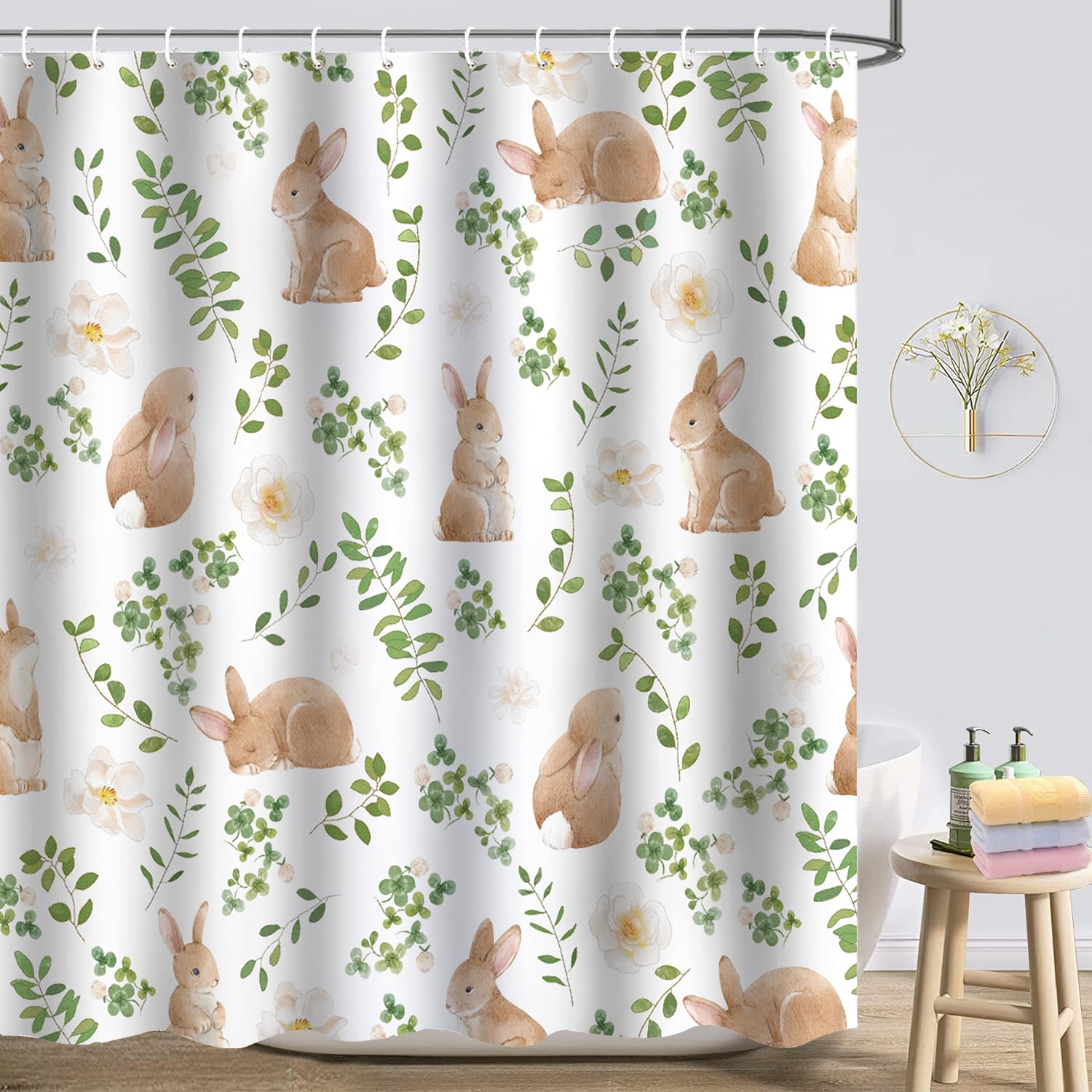 Easter Bunny Shower Curtain Set - Watercolor Rabbit Design Spring Bathroom Decor 72x72 Inch Waterproof Fabric - Perfect for Easter Home Decor, Spring Bathroom Refresh & Holiday Gift Giving