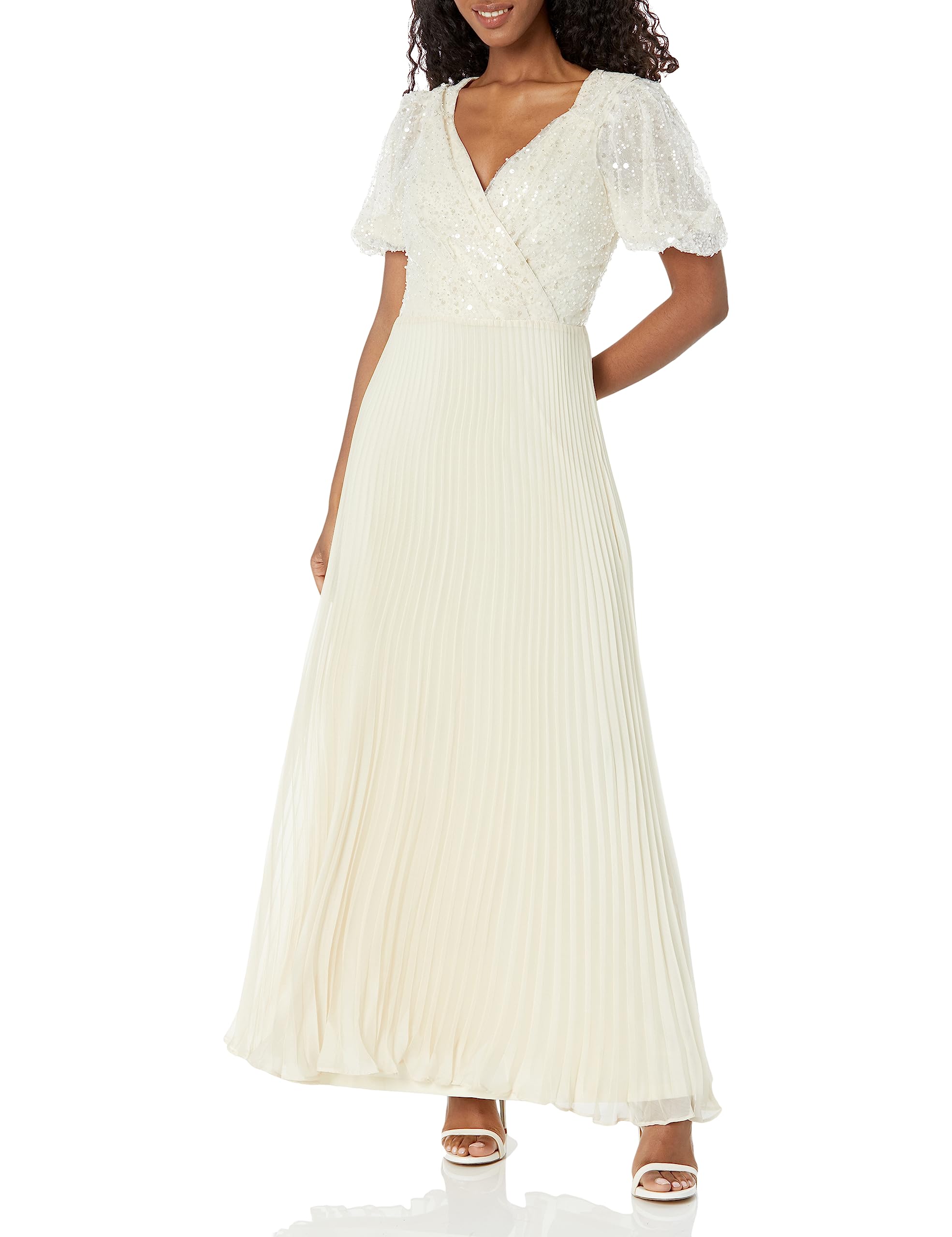 DKNY Women's Sequin V-Neck Short Sleeve Pleated Gown - Elegant Evening Dress for Parties, Weddings & Special Occasions