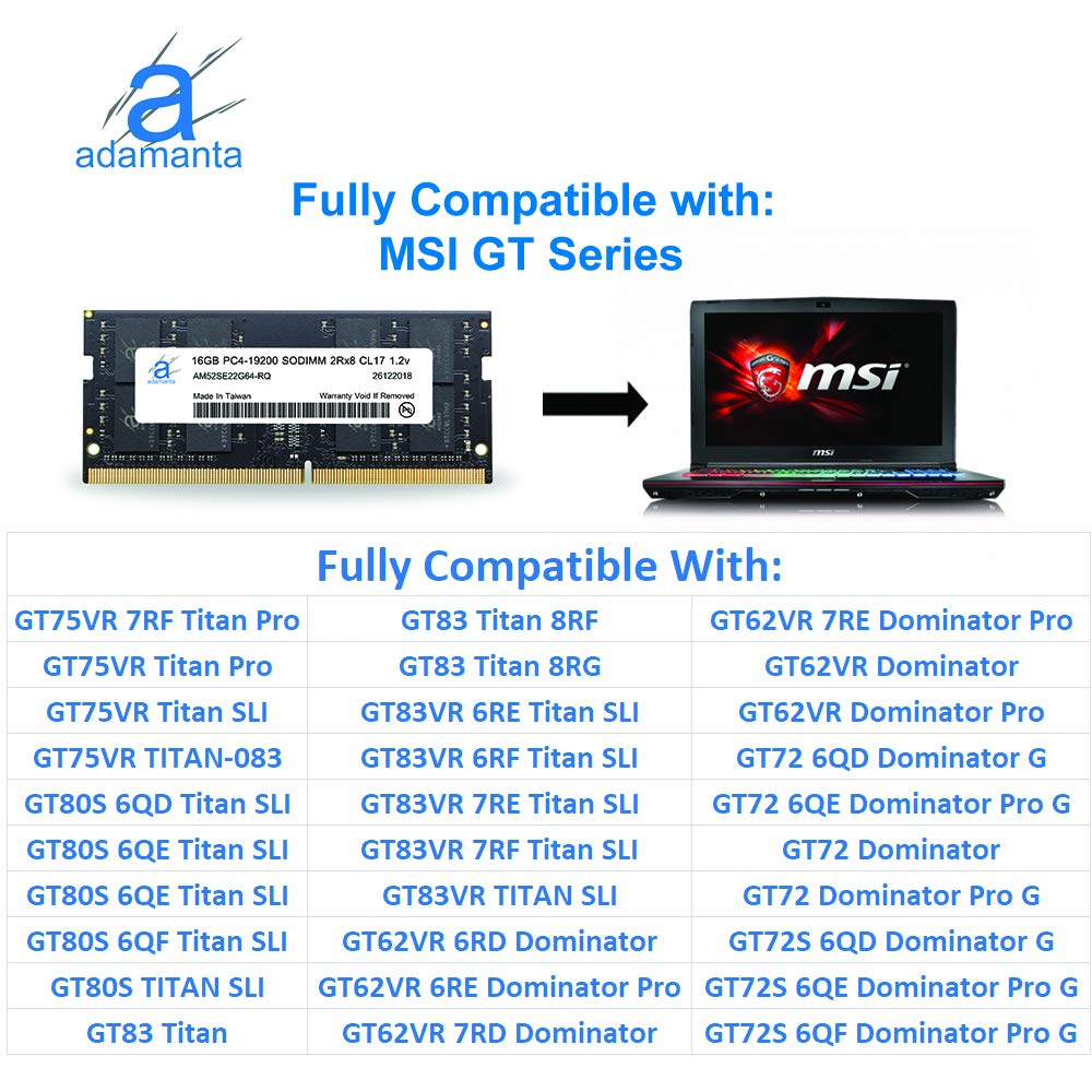 Adamanta 16GB DDR4 2400MHz SODIMM Laptop RAM (1x16GB, PC4-19200, CL17, 1.2V) - Compatible with MSI GP/GT/GS Series Notebooks - Perfect for Gaming, Video Editing & Multitasking