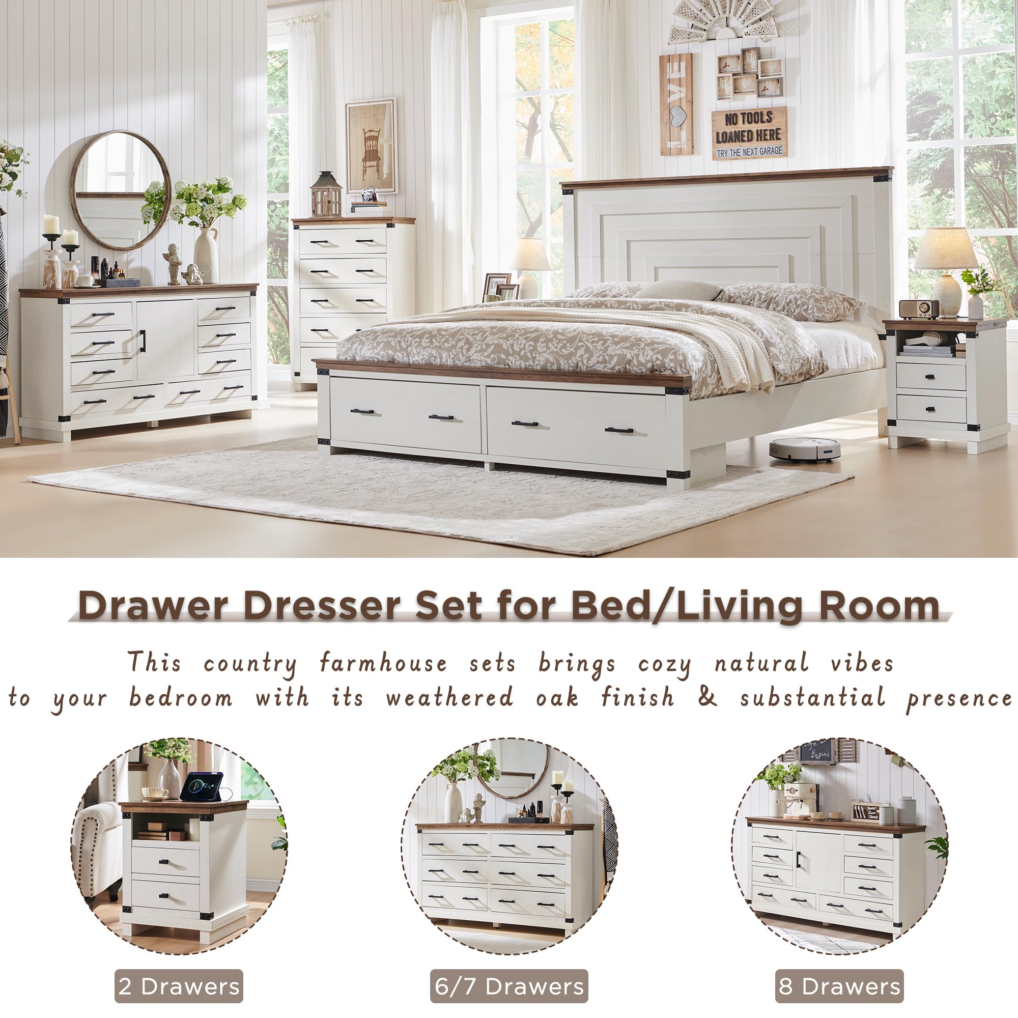 RedLemon Farmhouse 5-Drawer Wood Dresser - Solid Wood Tall Chest with Thick Plank Design, Rustic Bedroom & Living Room Storage Furniture in Antique White - Perfect for Farmhouse Decor, Guest Rooms & Closet Organization