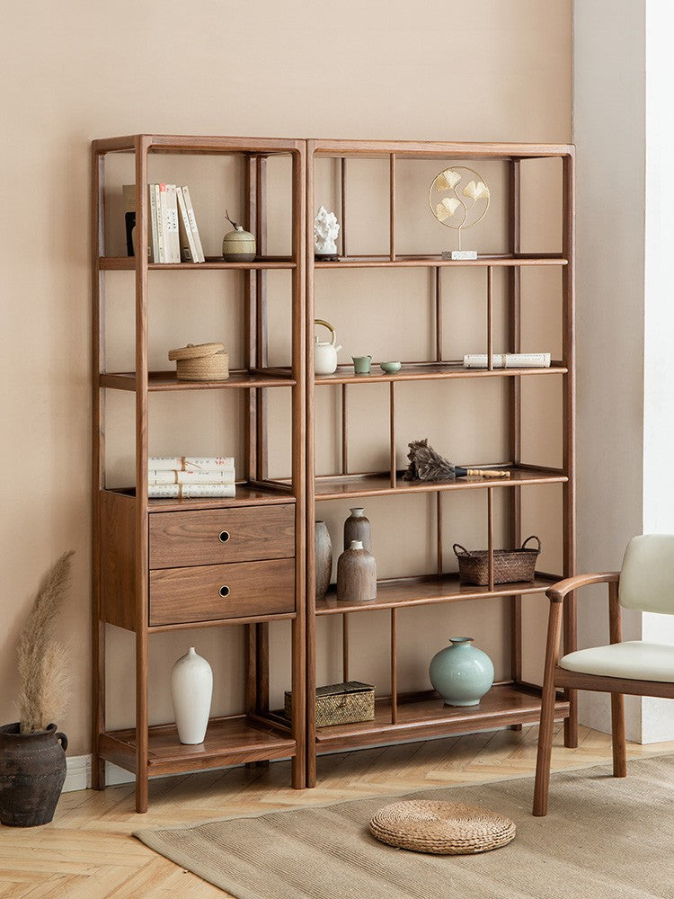 Solid Black Walnut & Ash Wood Bookshelf - Modern Bookcase with Display Cabinet & Wall Shelf for Living Room, Office & Library Storage