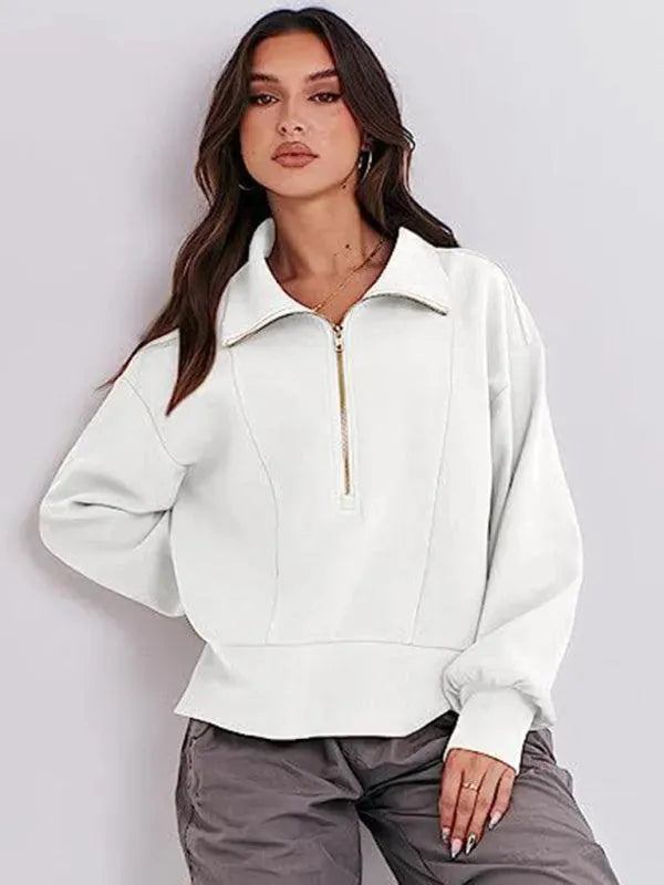 Women's Loose Zipper Neck Sweatshirt - Casual Pullover Hoodie for Everyday Wear, Gym, and Outdoor Activities