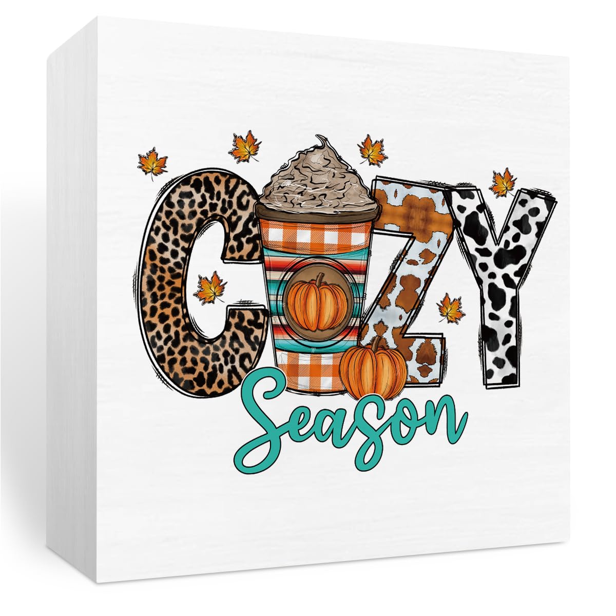 Fall Decor Wooden Box Sign - Rustic Farmhouse Thanksgiving & Autumn Harvest Decor for Desk, Shelf, Table | Cozy Seasonal Home, Office, Kitchen, Bathroom & Cubicle Decoration | Perfect for Pumpkin Season & Leopard Print Accents