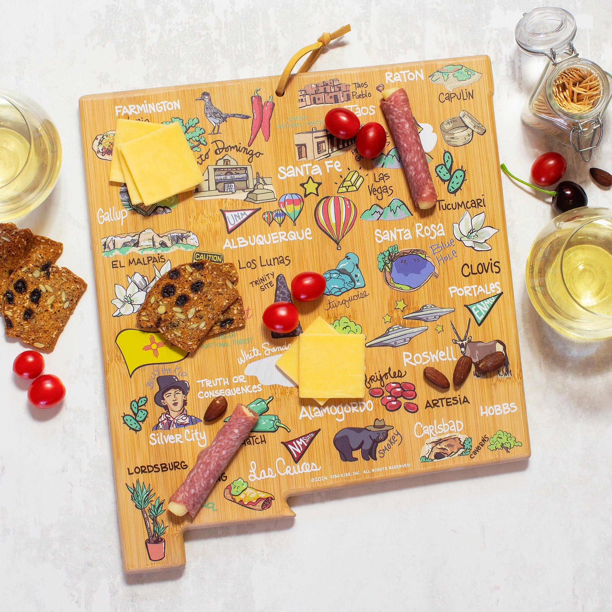 Premium New Mexico Themed Wooden Cutting Board with Fish Kiss™ Artwork - Durable Kitchen Essential for Chopping, Serving & Decorating