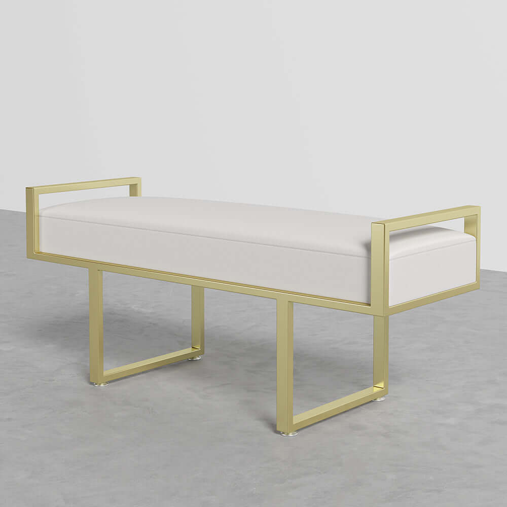 Modern Gray Linen Upholstered Ottoman Bench with Gold Legs - Bedroom, Entryway & Living Room Seating Furniture for Home Decor