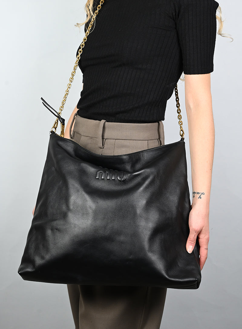 Miu Miu Black Soft Leather Maxi Bag for Women - Luxury Large Shoulder Tote Handbag Perfect for Work, Travel & Everyday Use